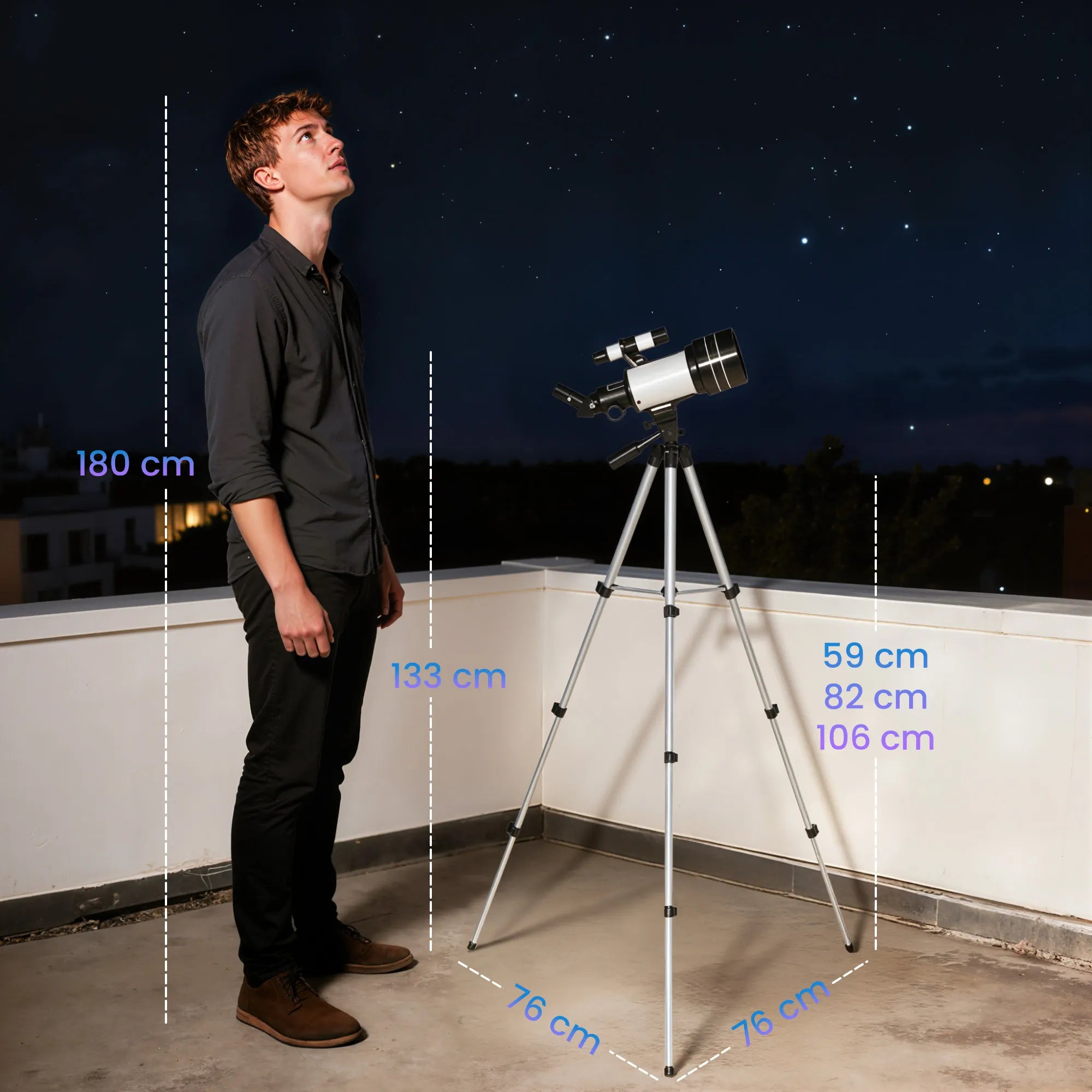 Astronominis teleskopas su reguliuojamu trikoju, 70 mm, baltas