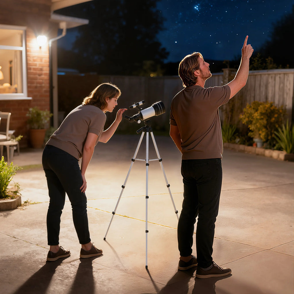 Astronominis teleskopas su reguliuojamu trikoju, 70 mm, baltas