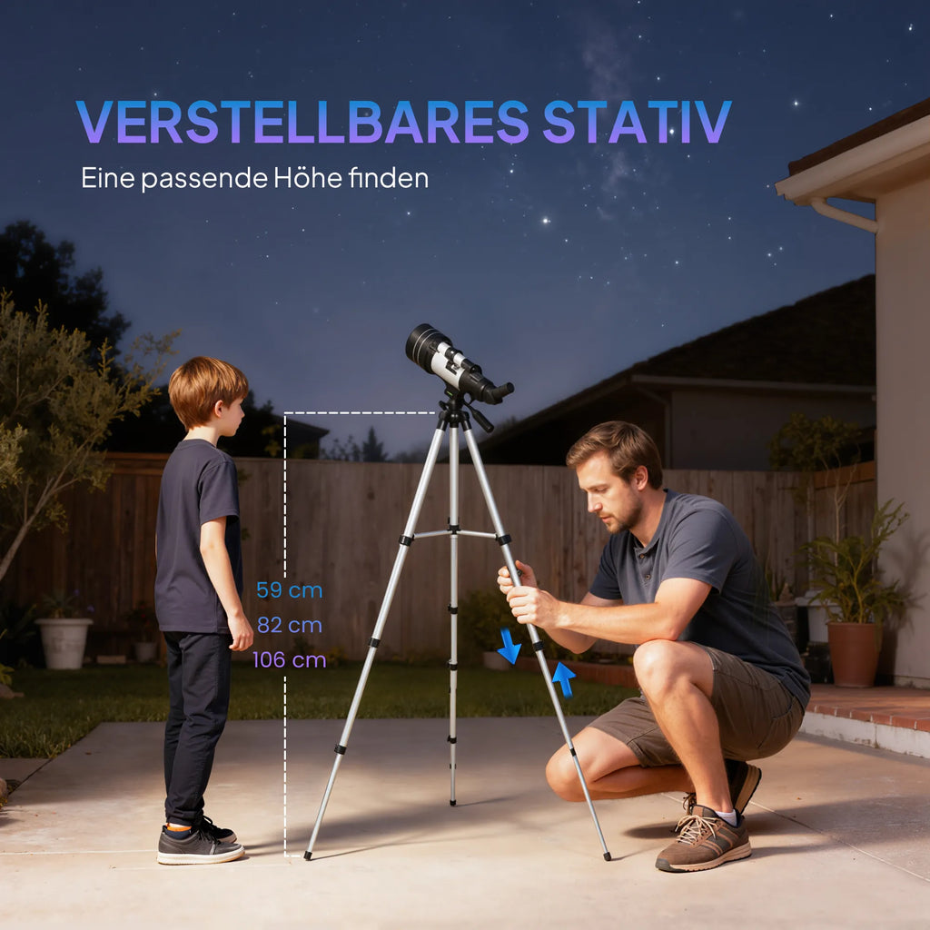 Astronominis teleskopas su reguliuojamu trikoju, 70 mm, baltas
