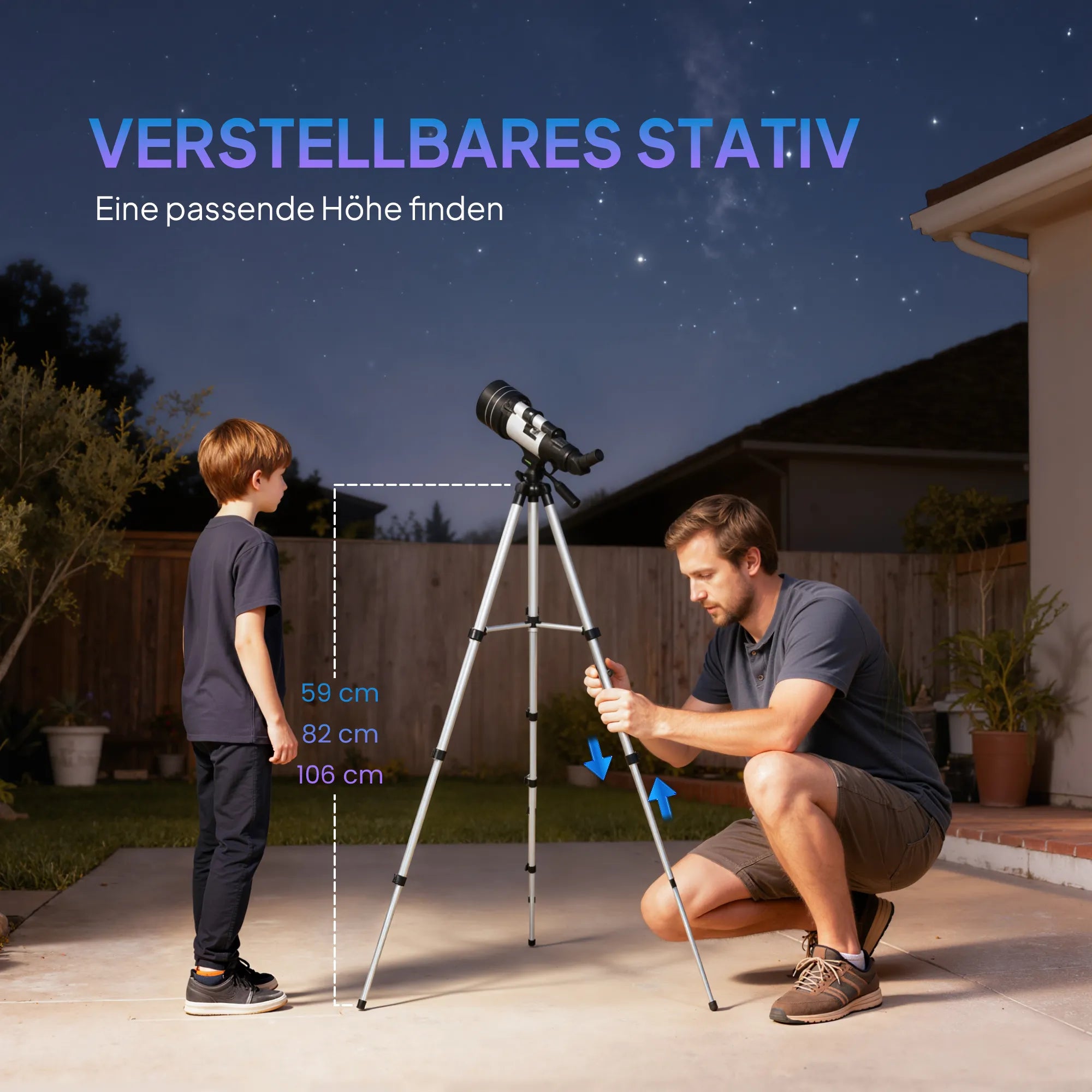 Astronominis teleskopas su reguliuojamu trikoju, 70 mm, baltas