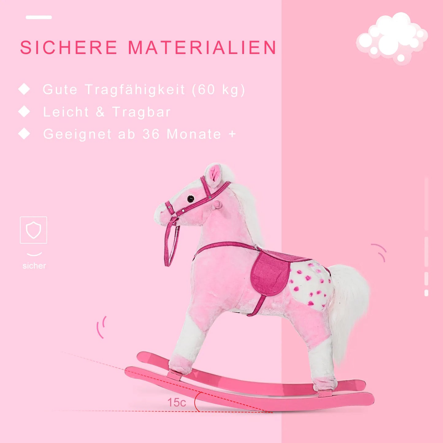 Supamas arkliukas su garso efektu, rankenėlėmis, pliušinis, kūdikio supamas žaislas, skirtas 3–6 metų vaikams