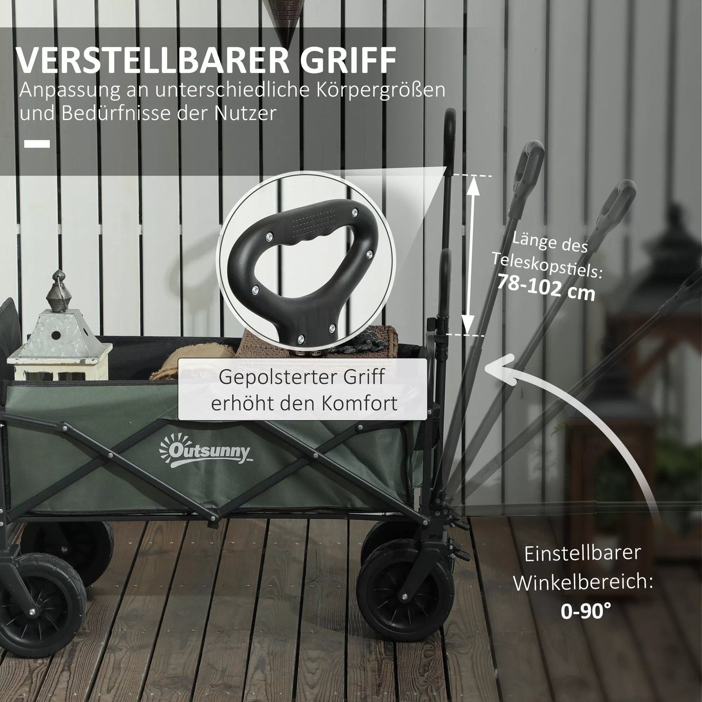 Outsunny Sodo vežimėlis, keliamosios galios 120 kg, sulankstomas transportavimo vežimėlis su nuimamu tentu, rankena, ratais 95 litrai žalias