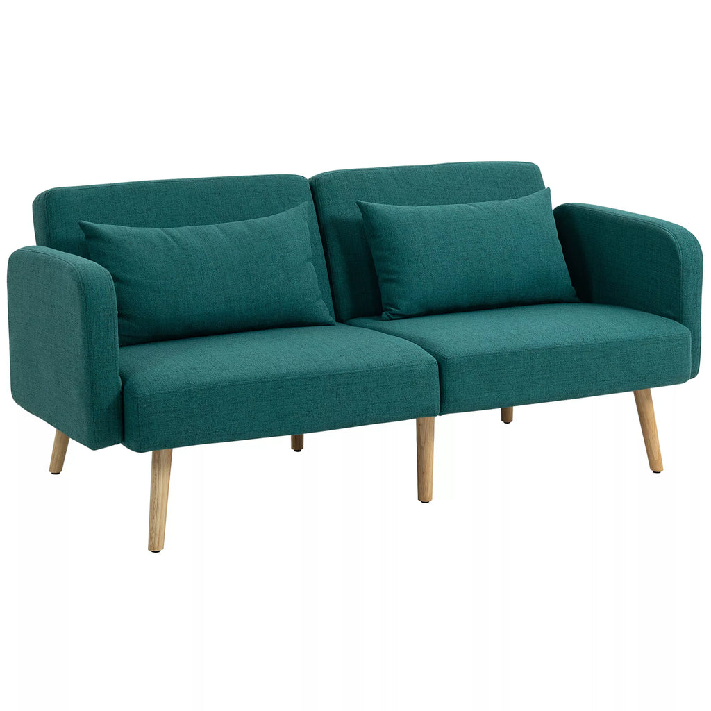 Miegamasis sofos, 3-vietė sofa su lovos funkcija, 2 pagalvės, minkšta sofa su reguliuojamu atlošu, lino išvaizda, žalia