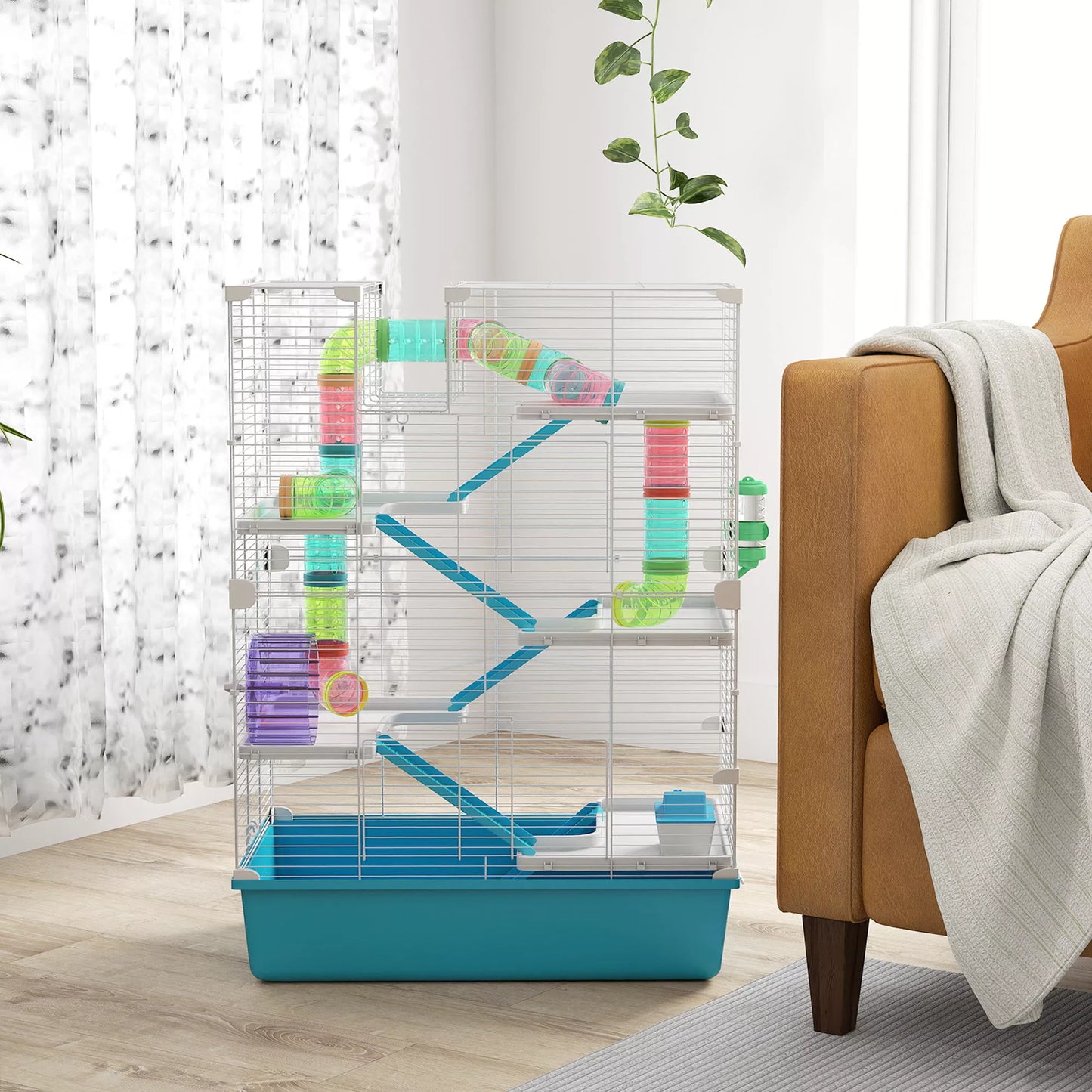 6 aukštų žiurkėno narvas su vamzdeliais, tuneliais, nameliu, bėgimo ratu, maisto dubenėliu, vandens buteliuku, rampomis, šviesiai mėlynos spalvos