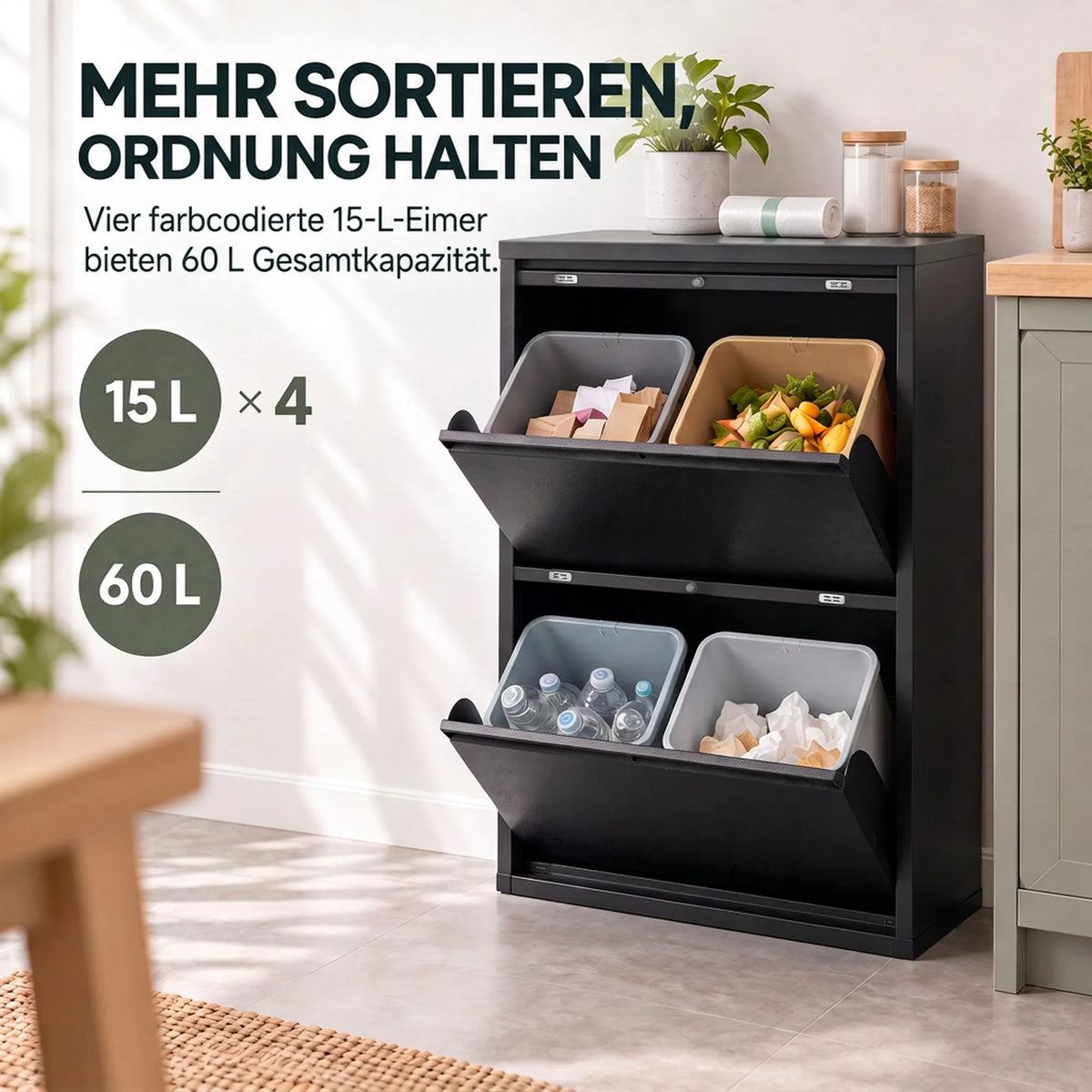 Schema, rodanti keturis 15 litrų talpos konteinerius ir bendrą 60 litrų tūrį
