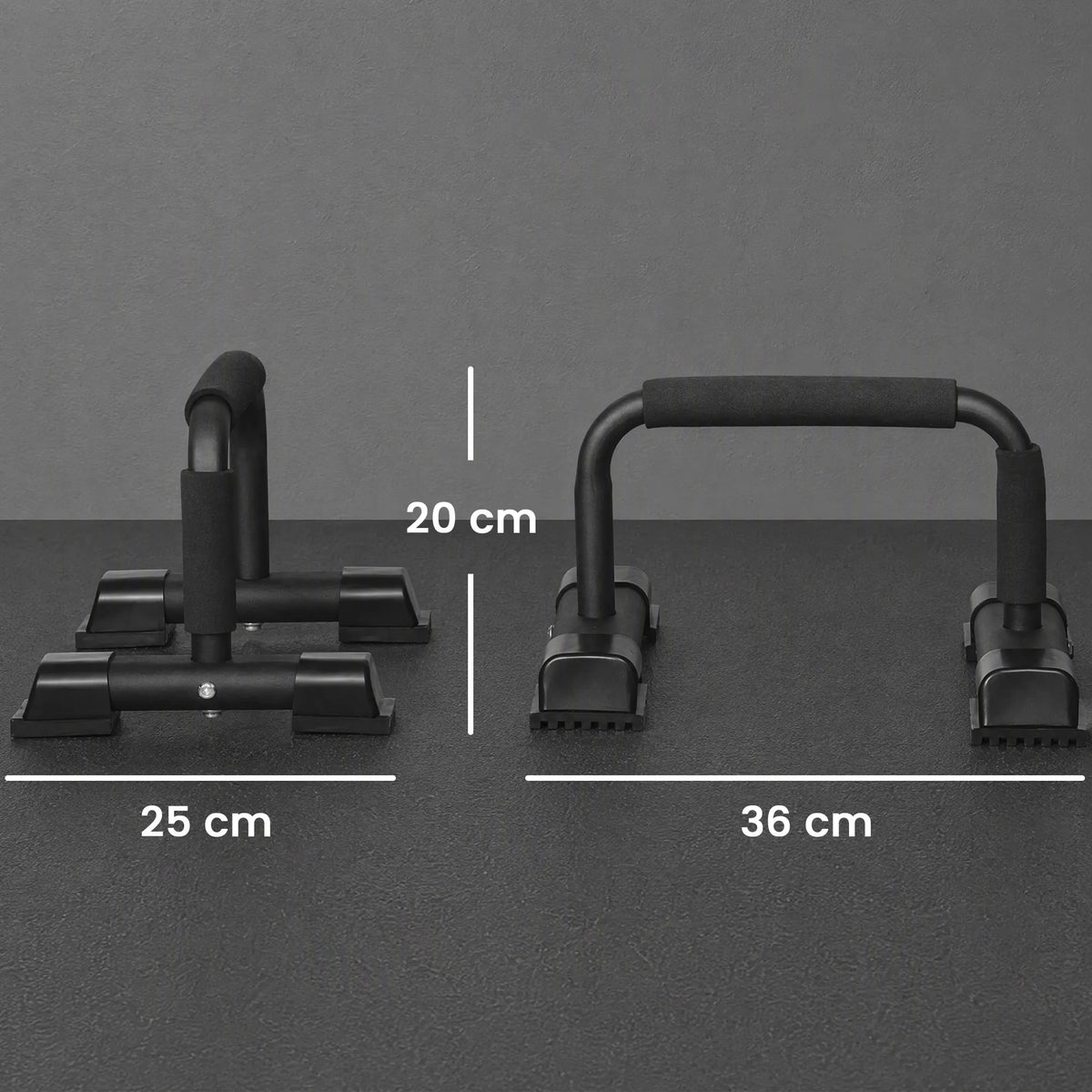 Atsispaudimų rankenėlių matmenų schema: 20, 25 ir 36 cm