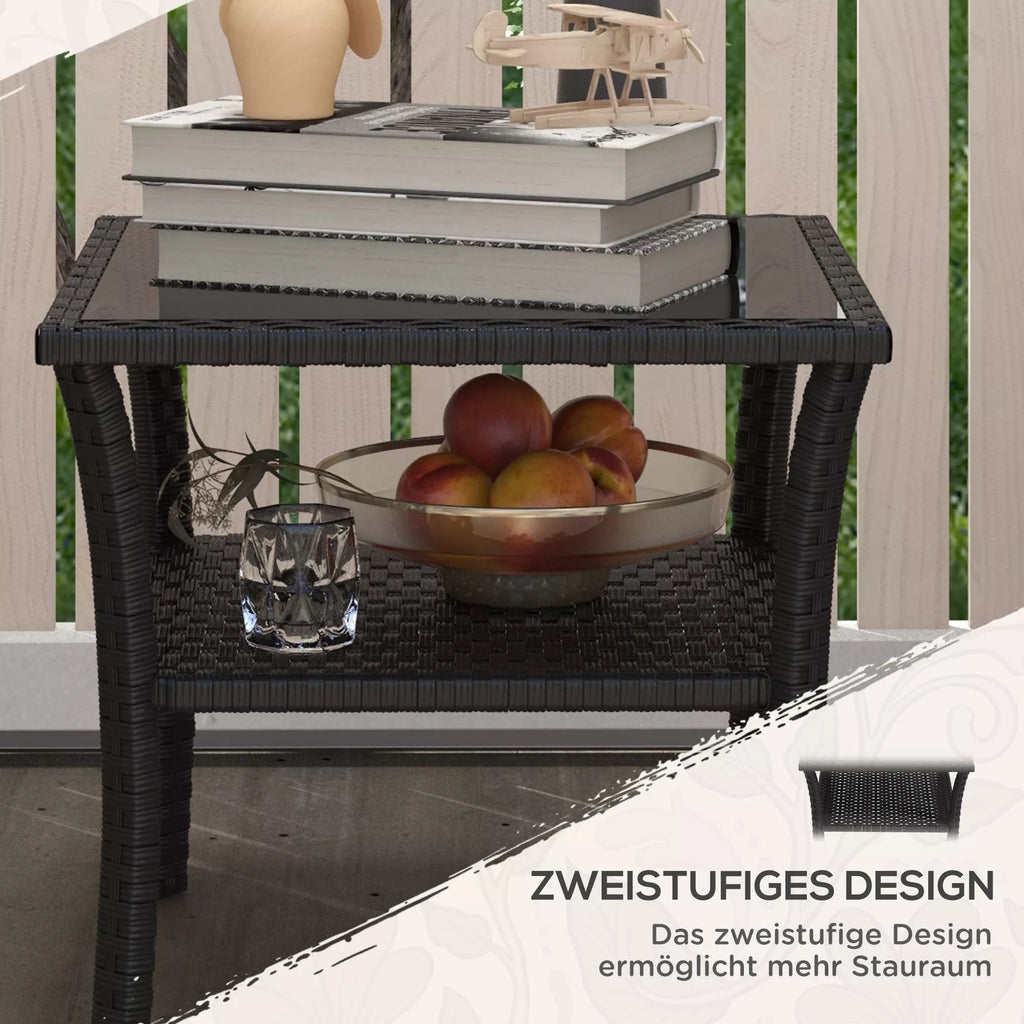 Polyrattan sodo stalas, 50 x 50 x 45 cm, atsparus atmosferos poveikiui, pagalbinis stalas 4 asmenims, kvadratinis su stikliniu stalviršiu