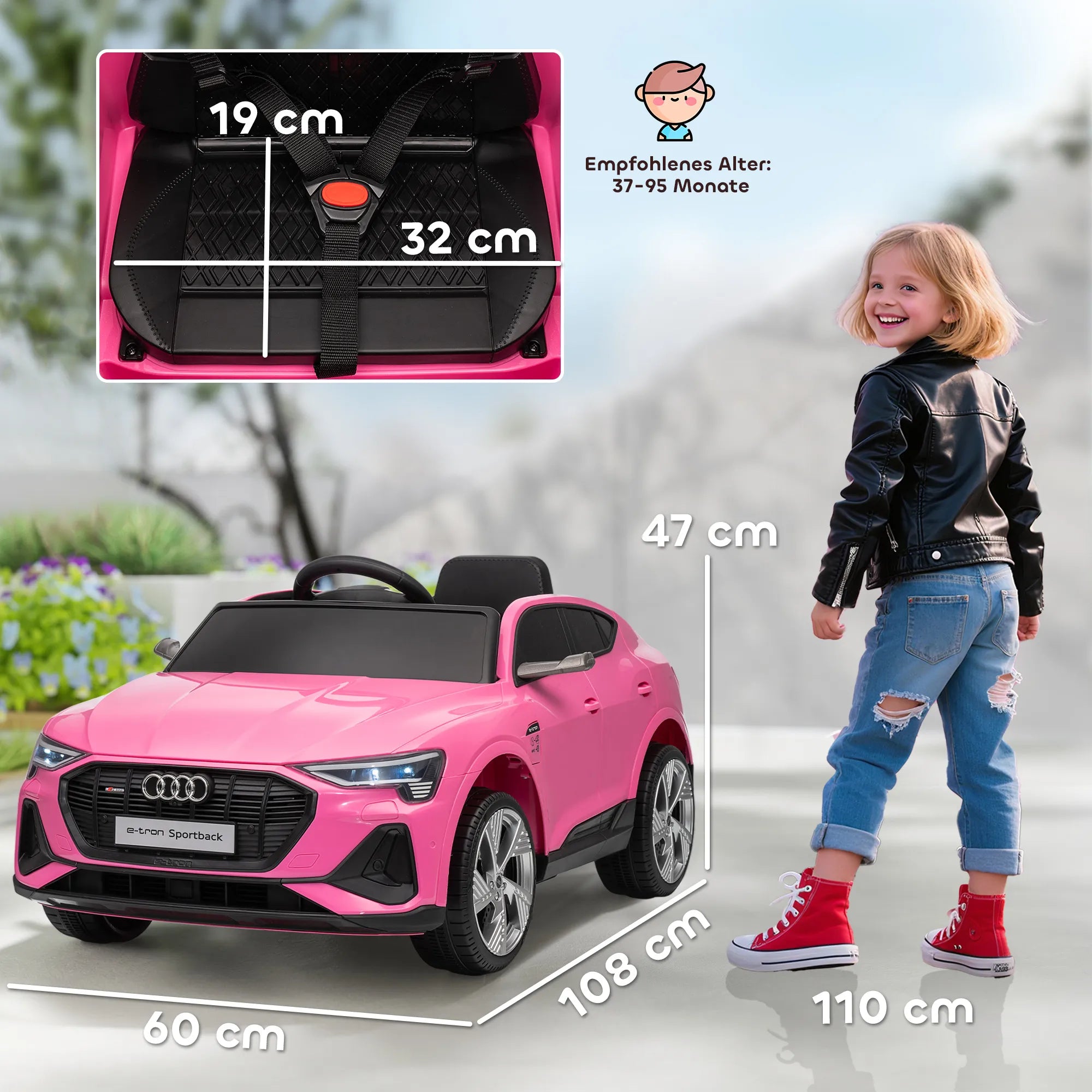 Audi vaikiškas elektromobilis su pulteliu, 3-5 metų vaikams, rožinis 12V