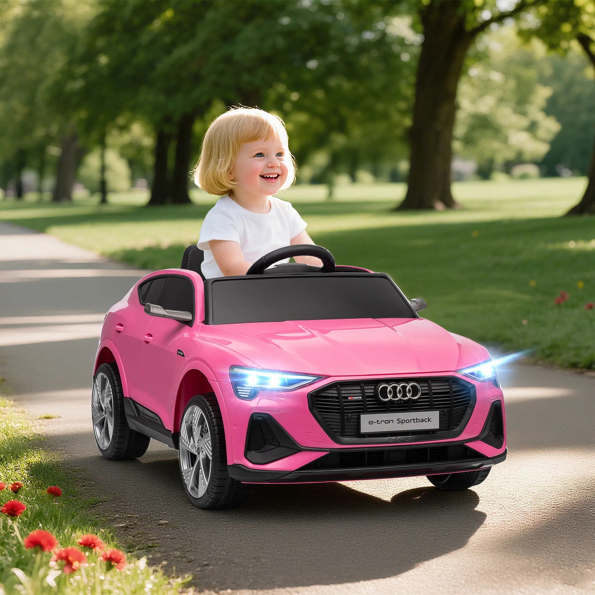 Audi vaikiškas elektromobilis su pulteliu, 3-5 metų vaikams, rožinis 12V