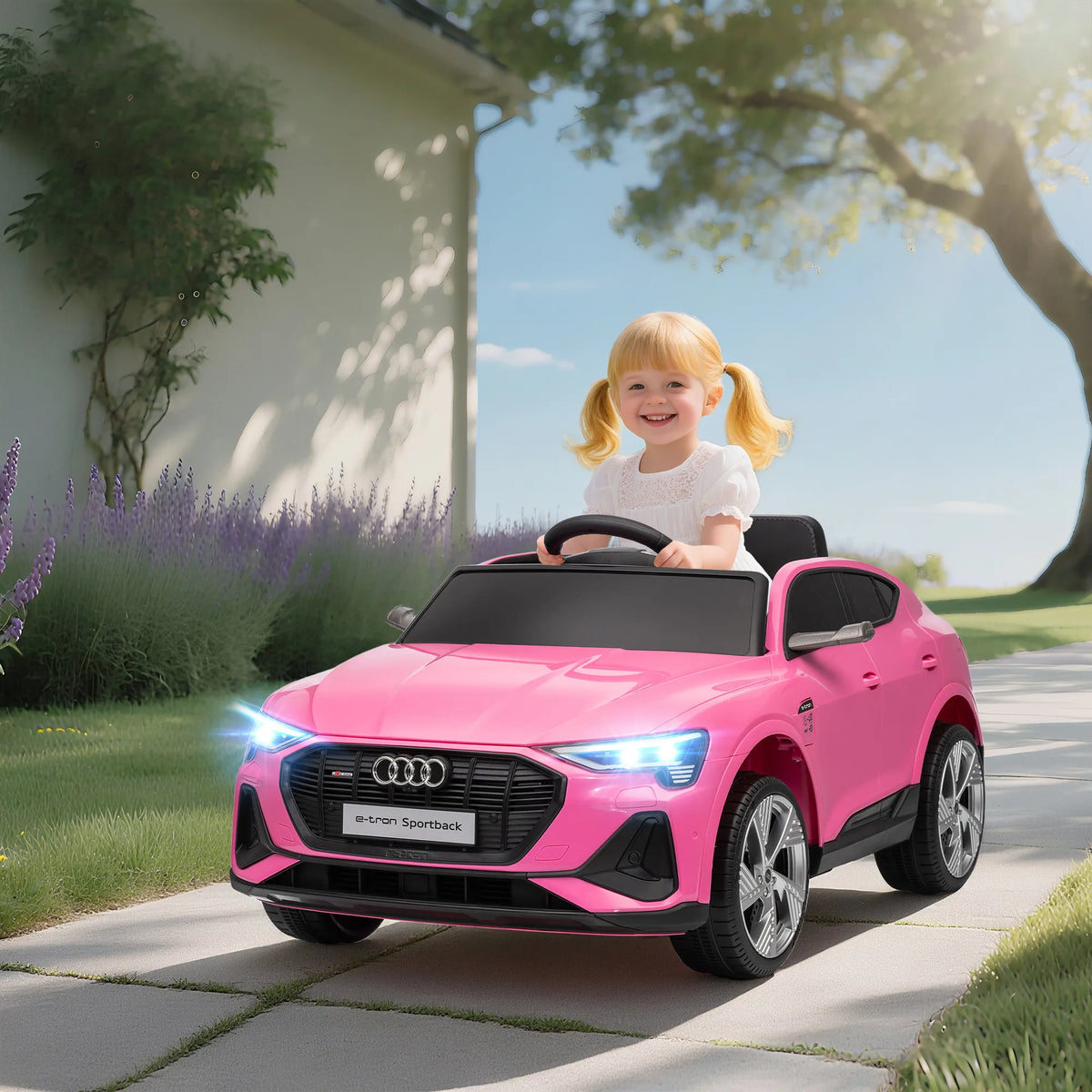 Audi vaikiškas elektromobilis su pulteliu, 3-5 metų vaikams, rožinis 12V