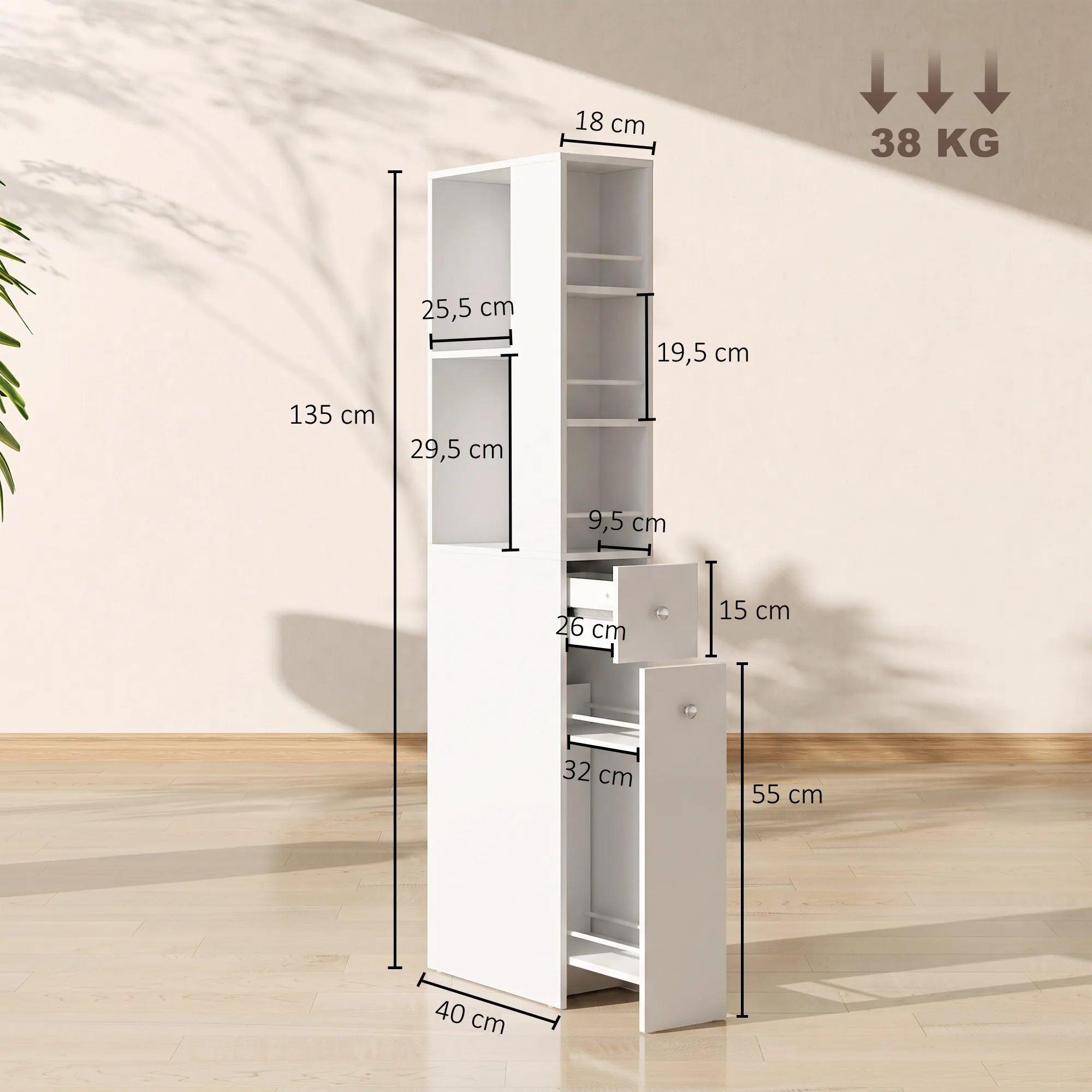 Spintelės matmenų schema: aukštis 135 cm, plotis 40 cm, apkrova iki 38 kg