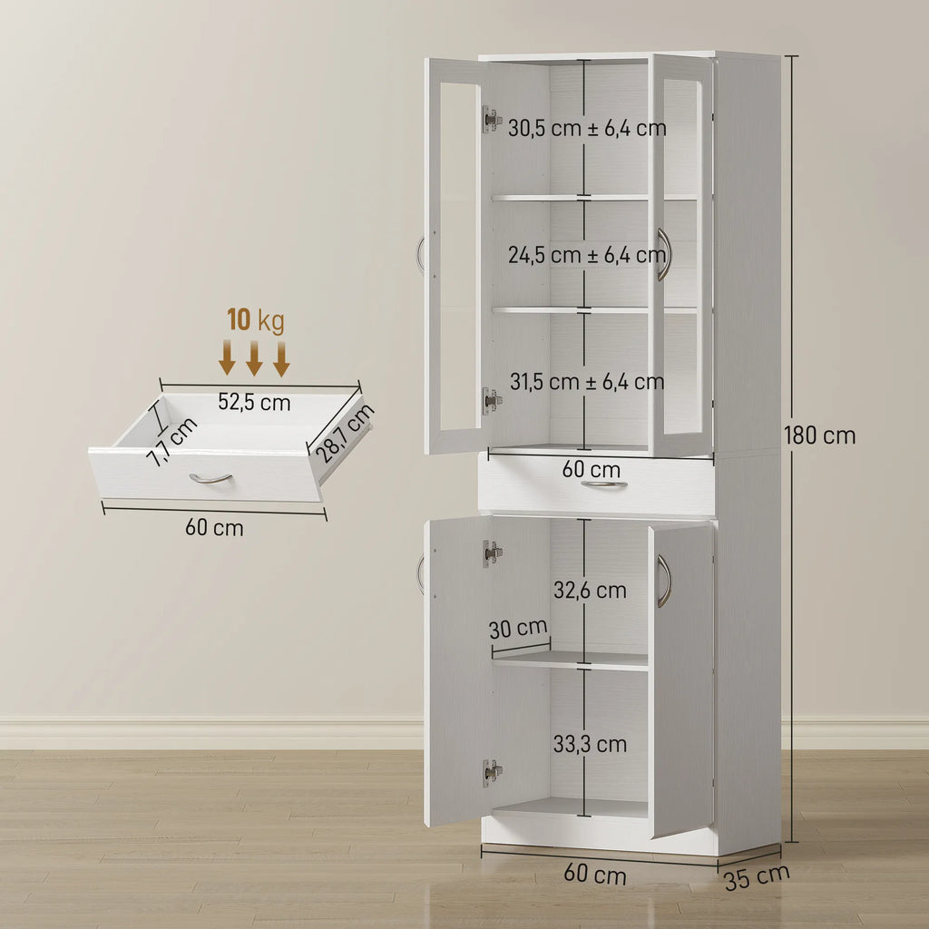 Aukšta virtuvinė spintelė su stiklinėmis durelėmis ir stalčiumi, 180x60 cm, balta