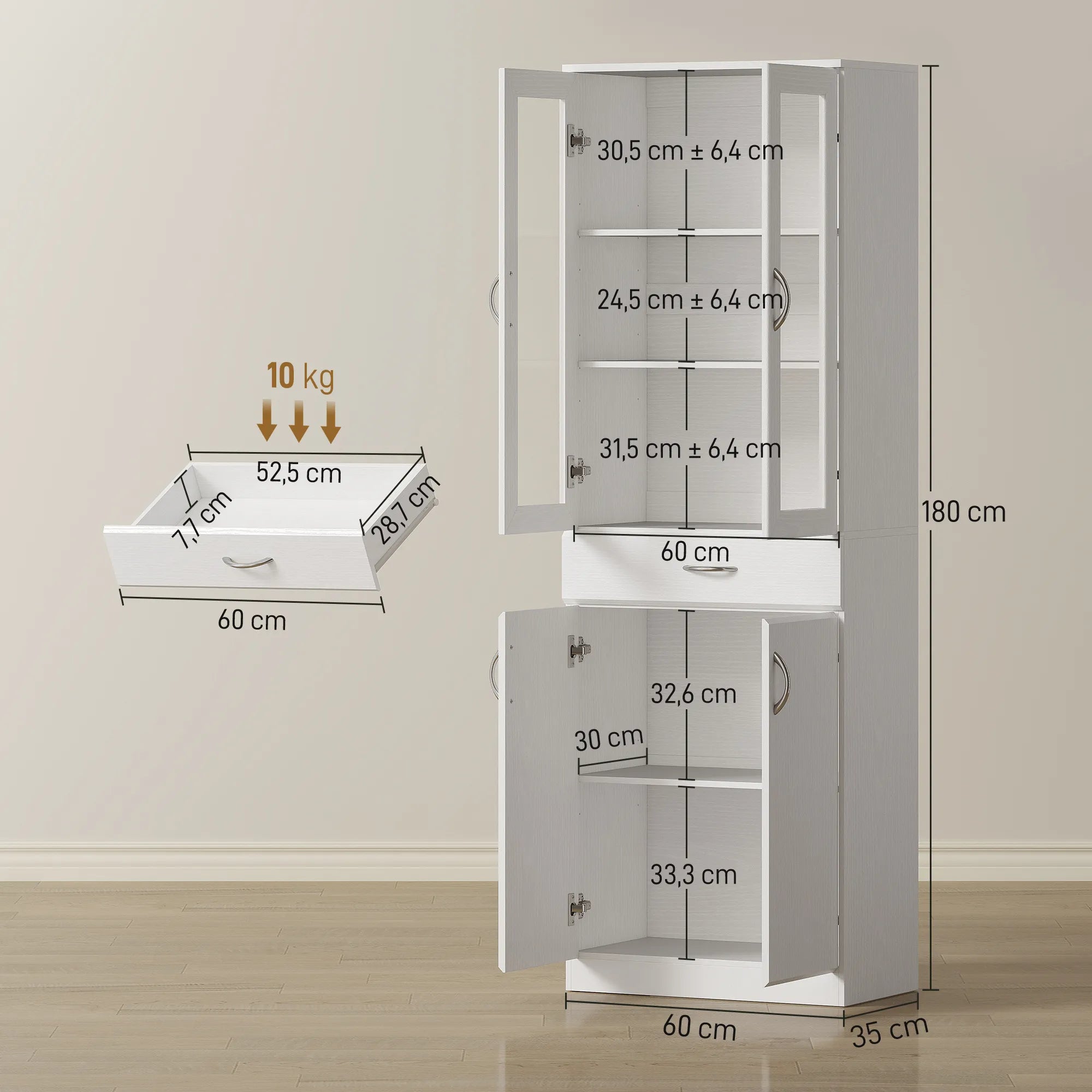Aukšta virtuvinė spintelė su stiklinėmis durelėmis ir stalčiumi, 180x60 cm, balta