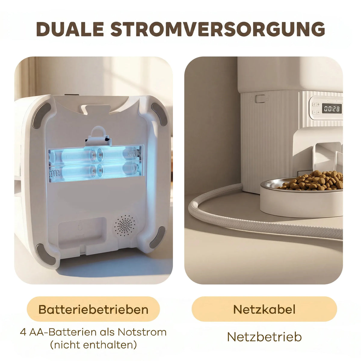 Automatinė gyvūnų šėrykla su laikmačiu ir 2 dubenėliais, balta