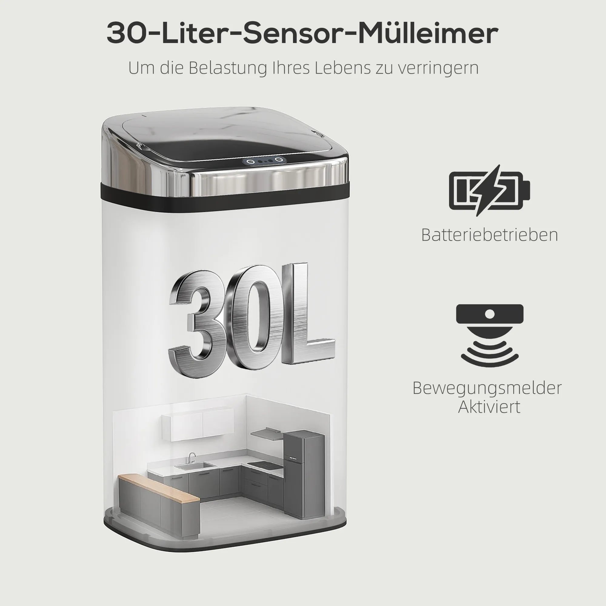 Automatinė šiukšliadėžė su judesio jutikliu, 30 l, sidabrinė