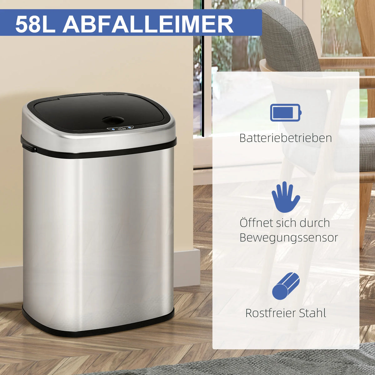 Automatinė šiukšliadėžė su jutikliu 58 L, sidabrinė