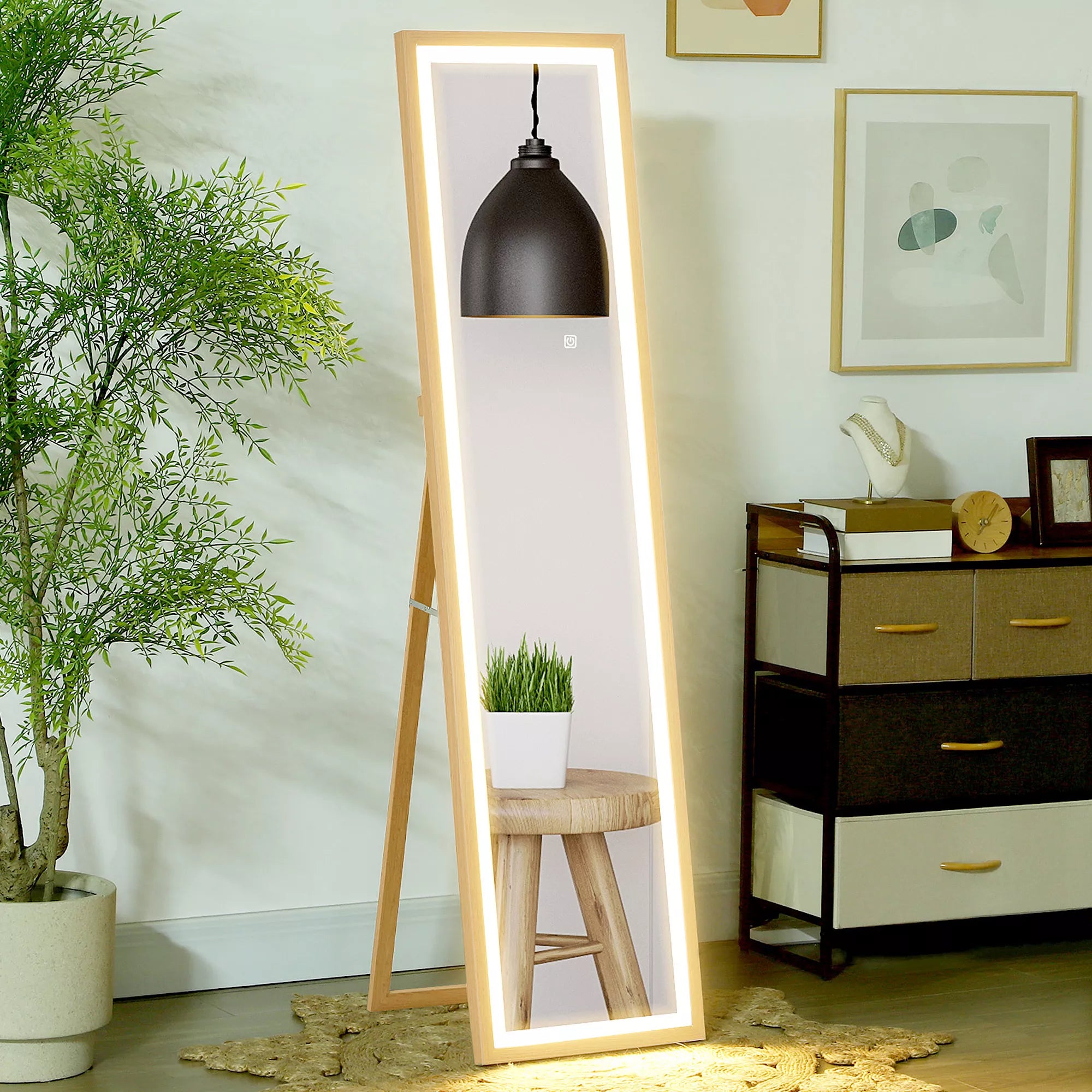 LED viso kūno veidrodis, 40 x 160 cm, jutiklinis valdymas, reguliuojamas apšvietimas, 3 spalvos,  ąžuolas