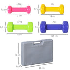 Schema su hantelių matmenimis: nuo 0,5 iki 2 kg, dėklas 41 × 30 cm
