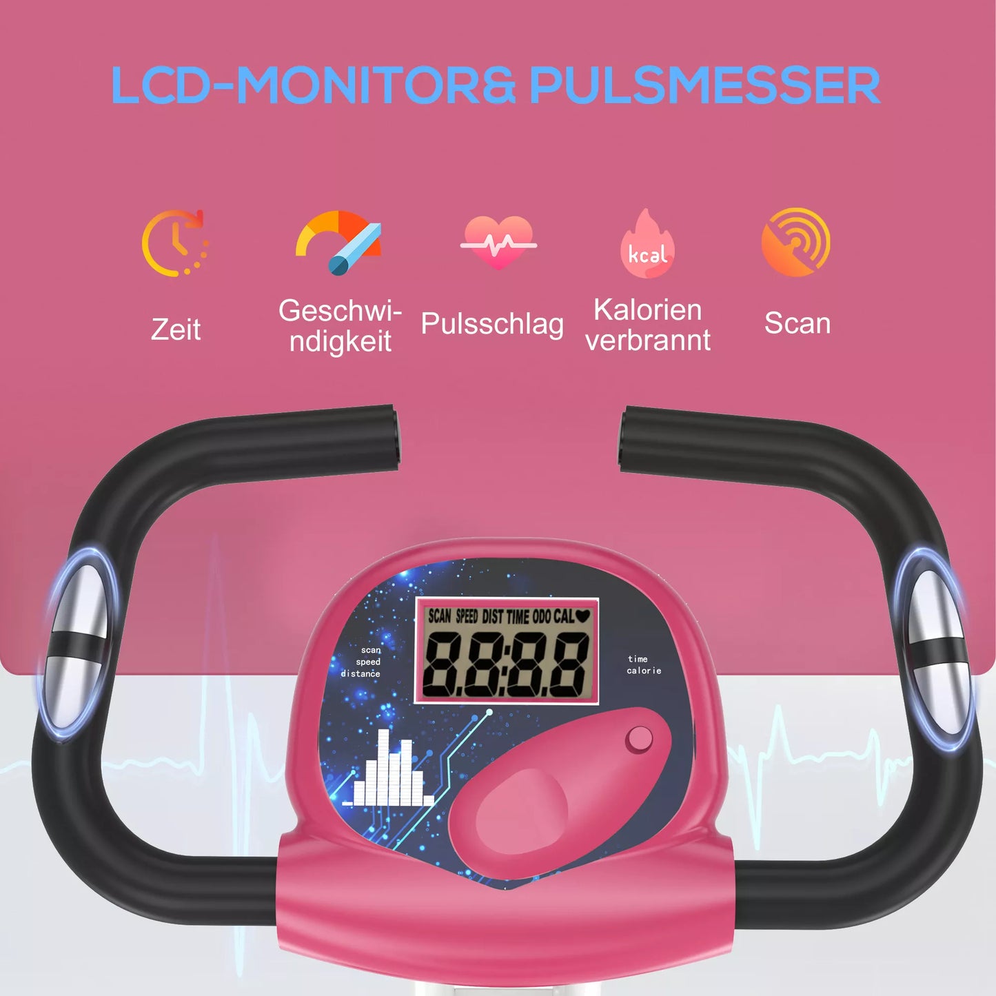 Sulankstomas magnetinis dviračių treniruoklis namams su LCD monitoriumi, 8 lygių reguliuojamu magnetiniu pasipriešinimu, erdvę taupantys treniruokliai dviračiai namams, rožinė+balta