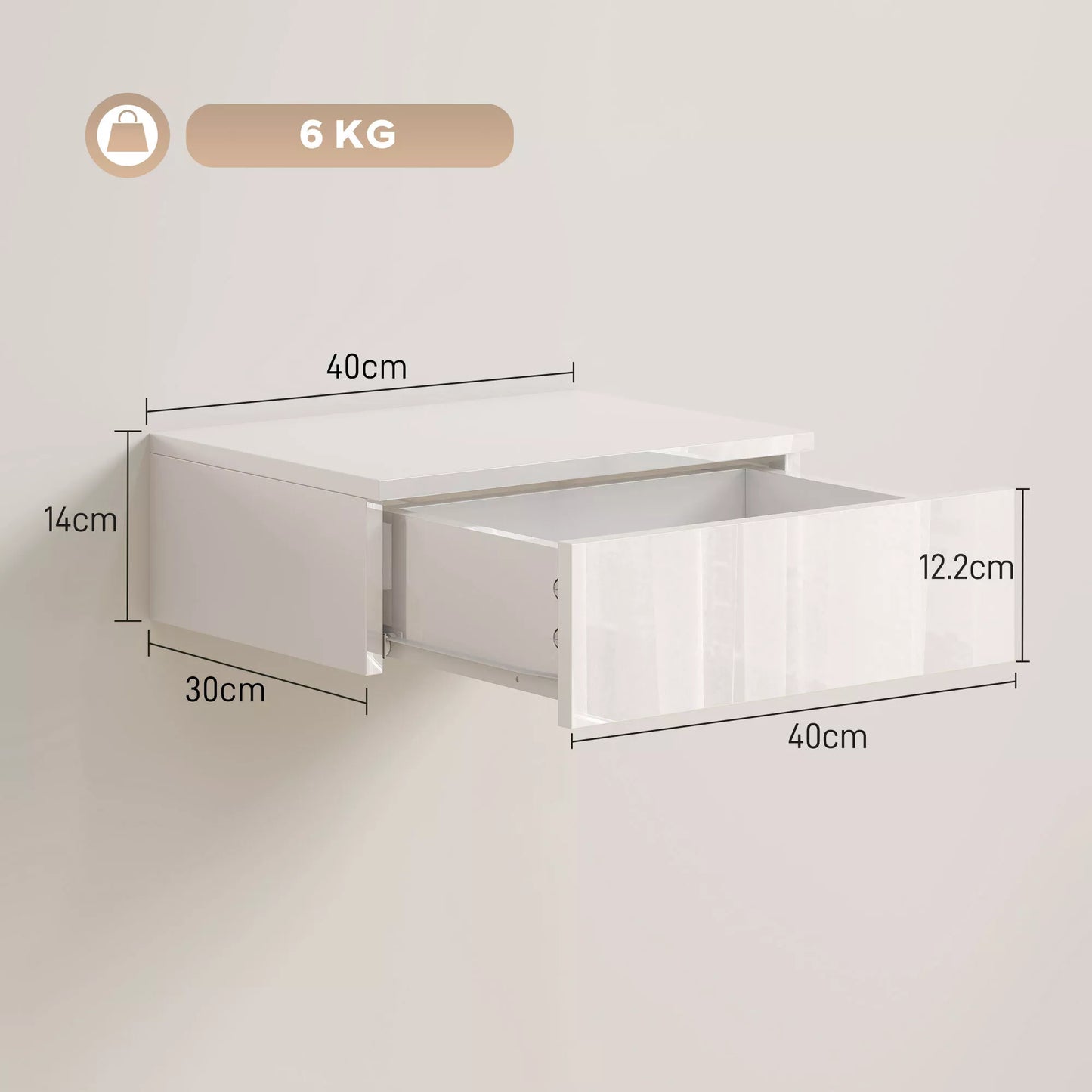 2 vnt. naktiniai staliukai, tvirtinami prie sienos, su stalčiumi, miegamajam, medžio drožlių plokštė, balta