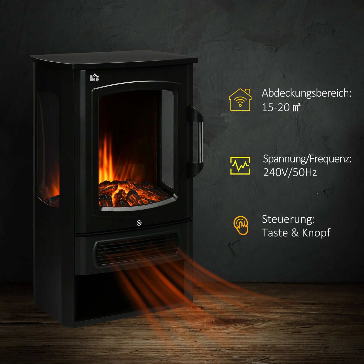 Elektrinis židinys, realistiški liepsnos efektai, 2 šildymo pakopos, apsauga nuo perkaitimo, plienas, juoda spalva, 44,5 x 32 x 74 cm
