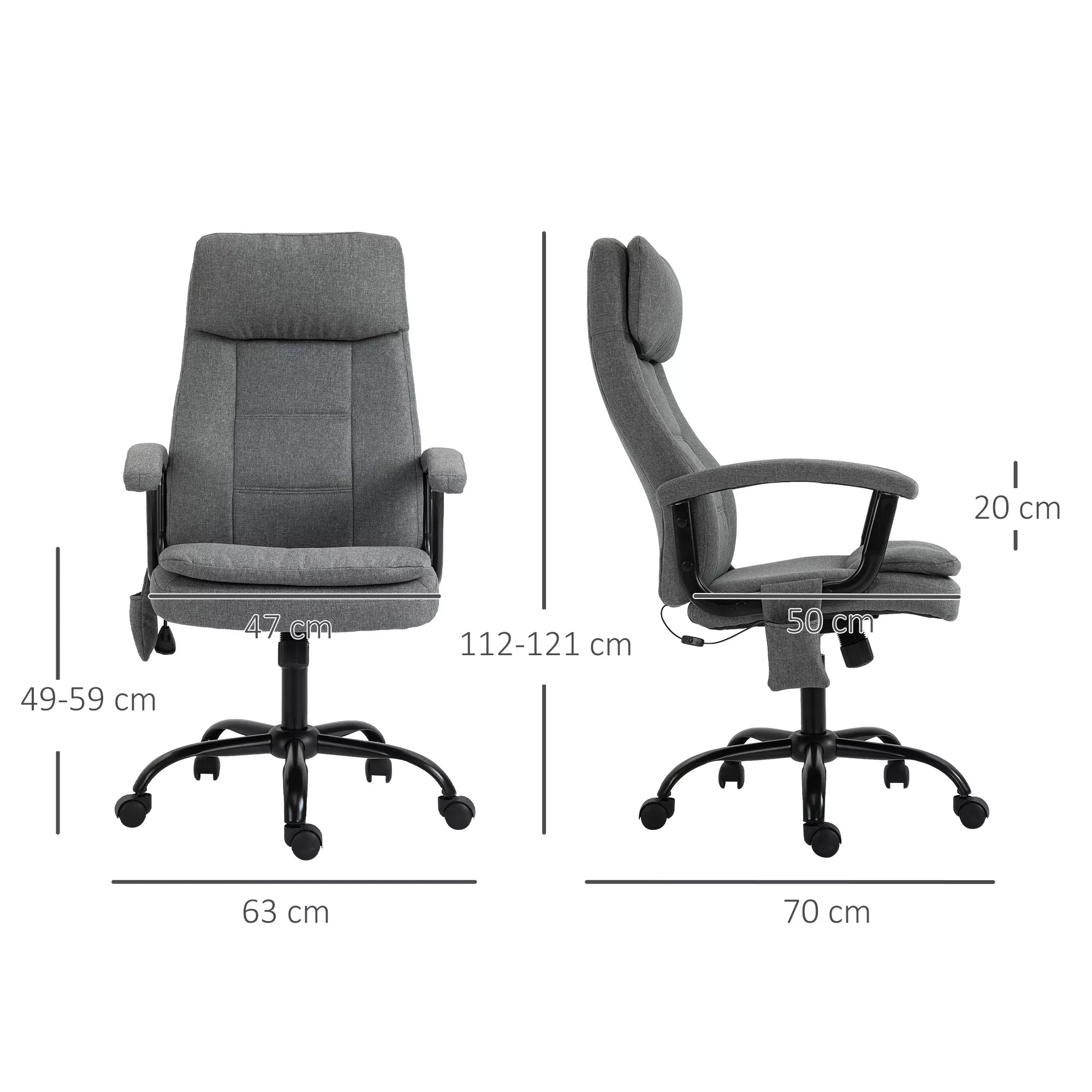 Biuro kėdė su masažu, aukščio reguliavimo, vadovo kėdė, žaidimų kėdė su masažo funkcija, ergonomiška sukama kėdė, masažinis krėslas, juosmens masažas, pilkos spalvos, su lino pojūčiu, 63 x 70 x 112-121 cm