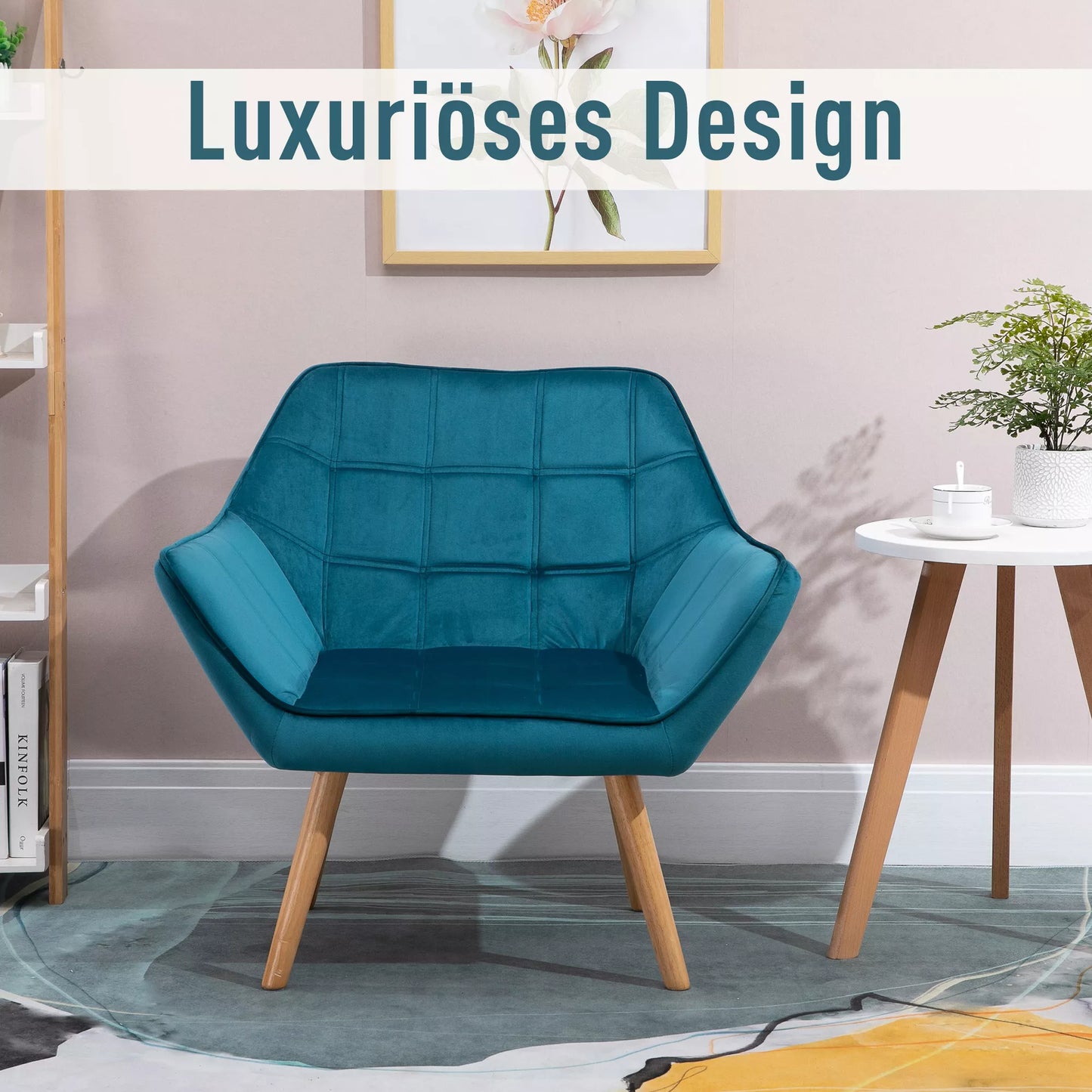 Krėslas svetainei, "ausytis" krėslas, poilsio krėslas, relaksacinis krėslas su kaučiukmedžio kojomis, skaitymo krėslas su aksomo išvaizda, minkštas krėslas miegamajam, skandinaviško stiliaus, šviesiai mėlynas