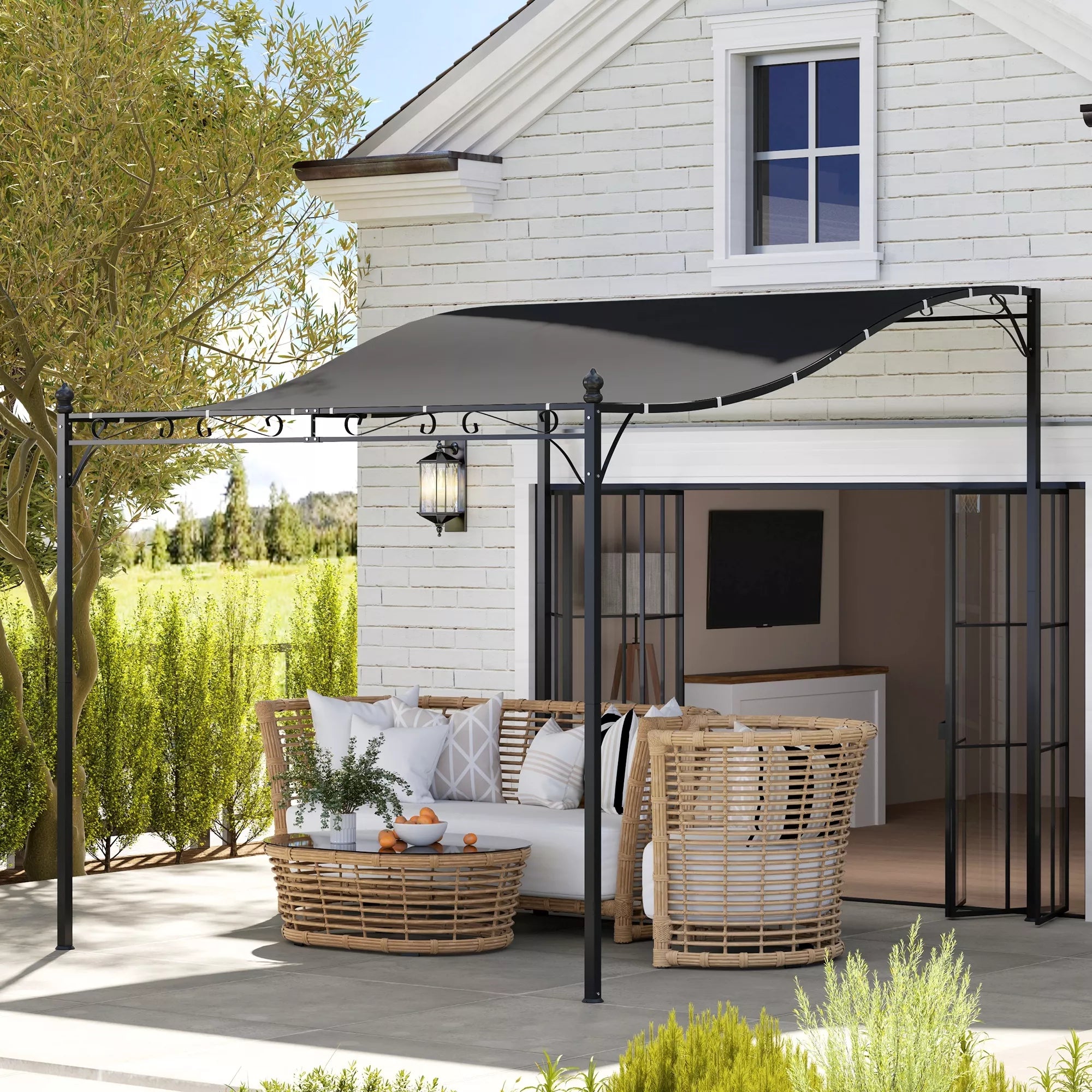 2,5 x 3 m pergola, prie sienos montuojamas sodo paviljonas, atsparus vandeniui, metalinis rėmas, drenažo angos, šešėlinis stogas, tamsiai pilkos spalvos