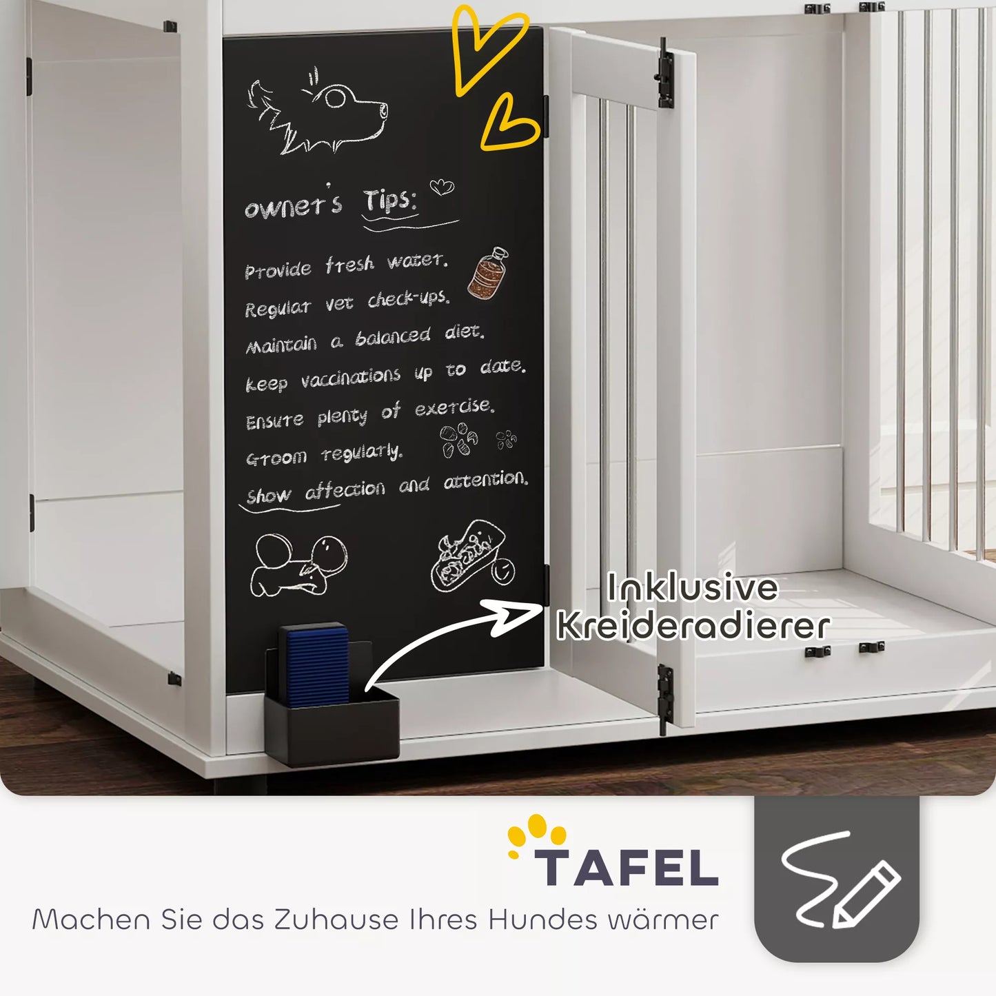 Šunų dėžė su laikymo lentyna žaislams, kabliai pavadėliams, rašomoji lenta, trintukas, dideliems šunims, balta