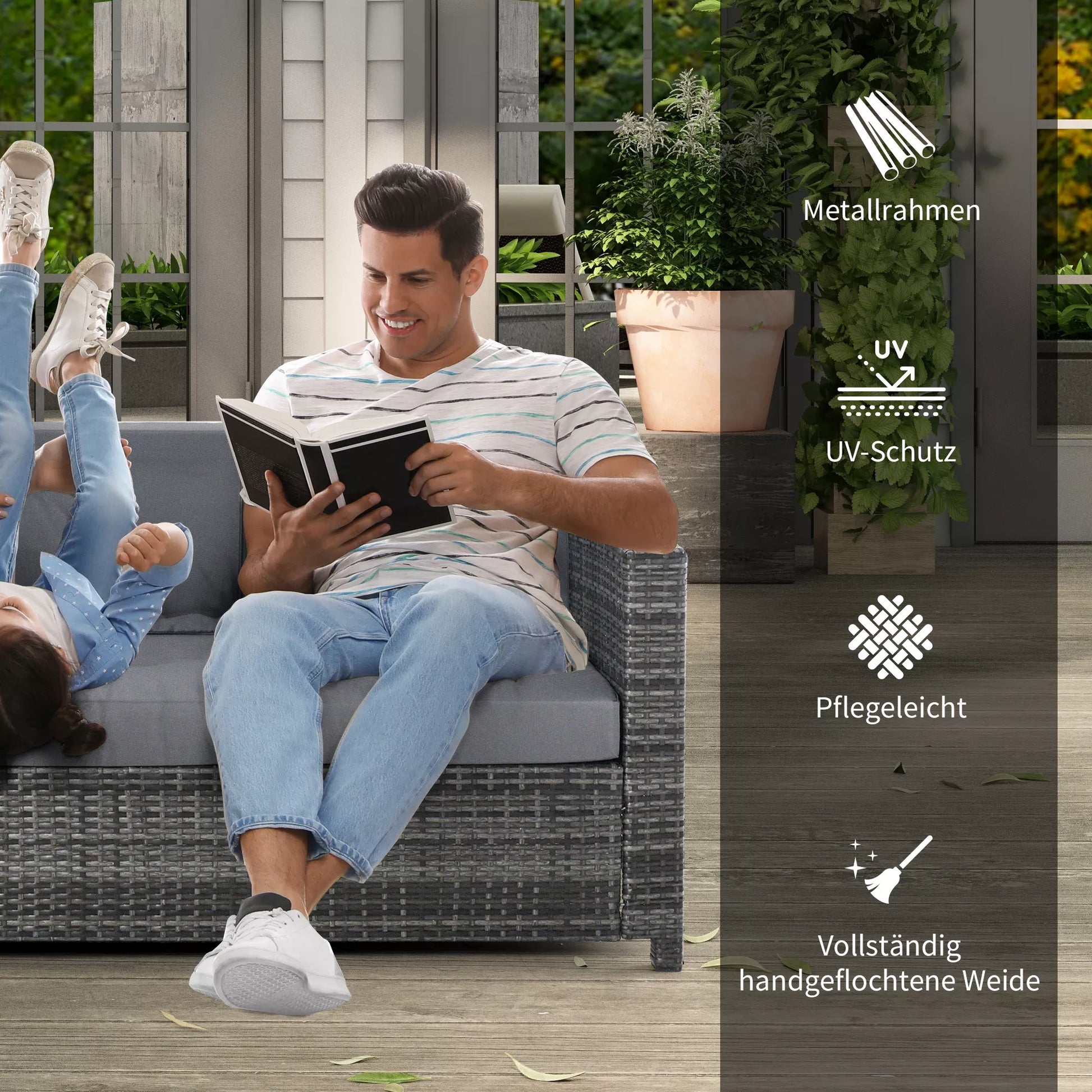 Poli-rotango sofa su pagalvėlėmis, 3 vietų, sodo poilsio sofa, metalas, poliesteris, pilka, 185 x 70 x 80 cm