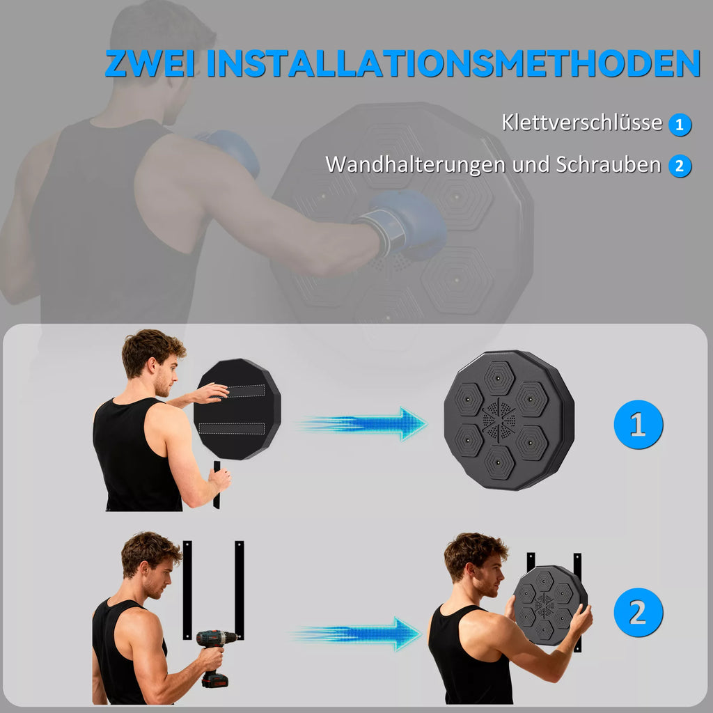 Bokso treniruoklis su muzikos funkcija, Bluetooth, šviečiančiais taškais, tvirtinimu prie sienos, dirbtine oda, juodas