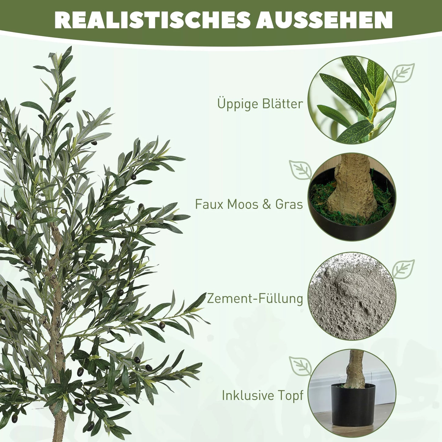 Dirbtinis alyvmedis, 180 cm, 900 lapų, 40 alyvuogių, tvirtas vazonas, dekoratyvinis augalas, žalias