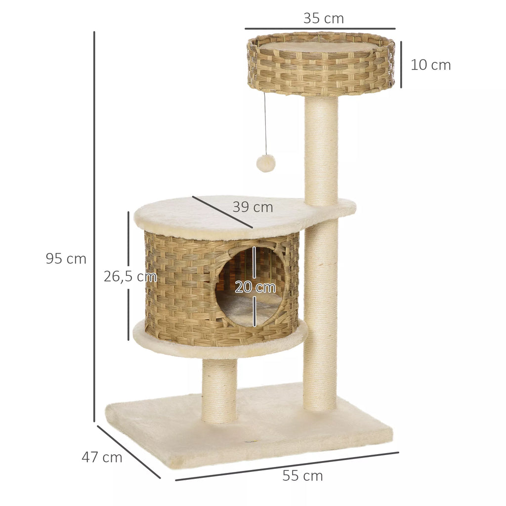 Kratzbaum Rattan 95 cm aukščio 3 pakopų kačių medis su platforma, kačių lovele, laipiojimo medis su kačių urvu, sizalio kamienais, žaisliniais kamuoliais, kačių baldais, sizalio natūralia + smėlio spalva