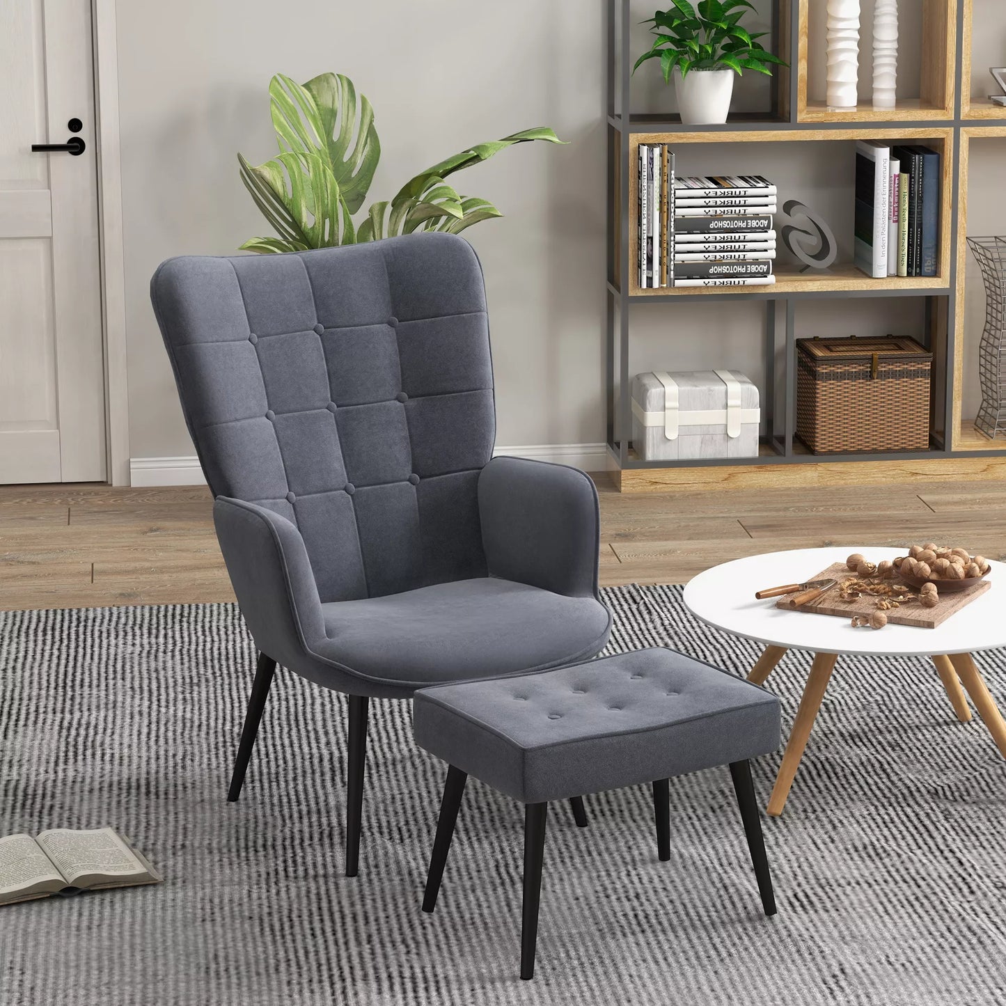 Fotelis su osmanu, iki 120 kg. Sagčių apdaila, tamsiai pilkos spalvos