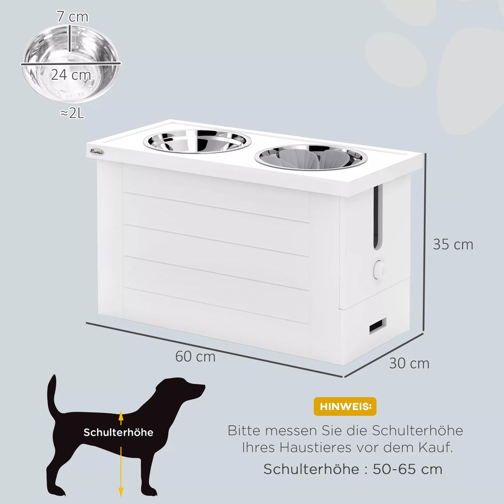 PawHut 2-in-1 paaukštintas šunų dubenėlis, reguliuojamo aukščio maisto dubenėlis su stovu, 2 x 2L nerūdijančio plieno dubenėliai, baltas