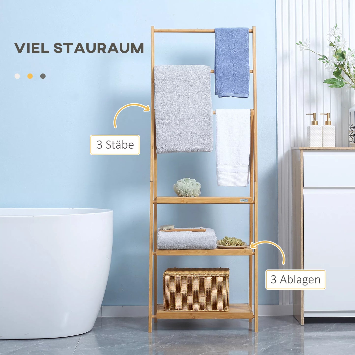 Sulankstomas bambuko stovas rankšluosčiams su lentynomis, 3 lentynos, 3 rankšluosčių laikikliai, 53 cm x 30,5 cm x 152 cm, natūralus