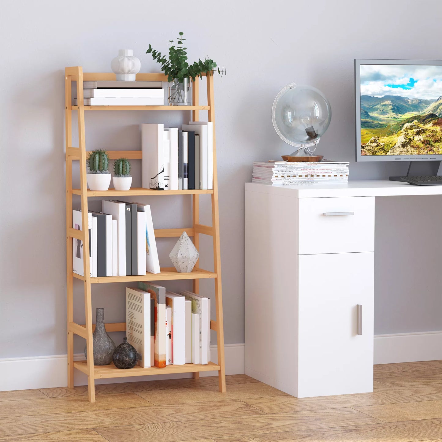 Knygų lentyna, 4 pakopų, kopėčių dizaino, natūralaus bambuko medienos