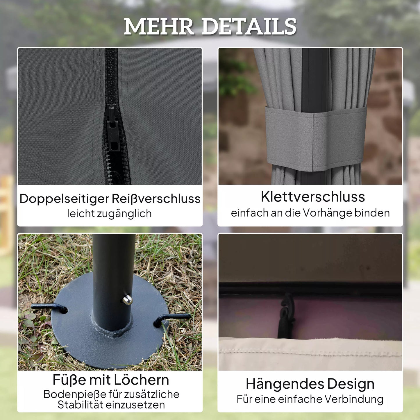 Paviljonas, maždaug 3x3 m, atsparus vandeniui, tvirtas, atsparus žiemai, su dvigubu stogu, užtrauktukais užsegamais moskitų tinklais.