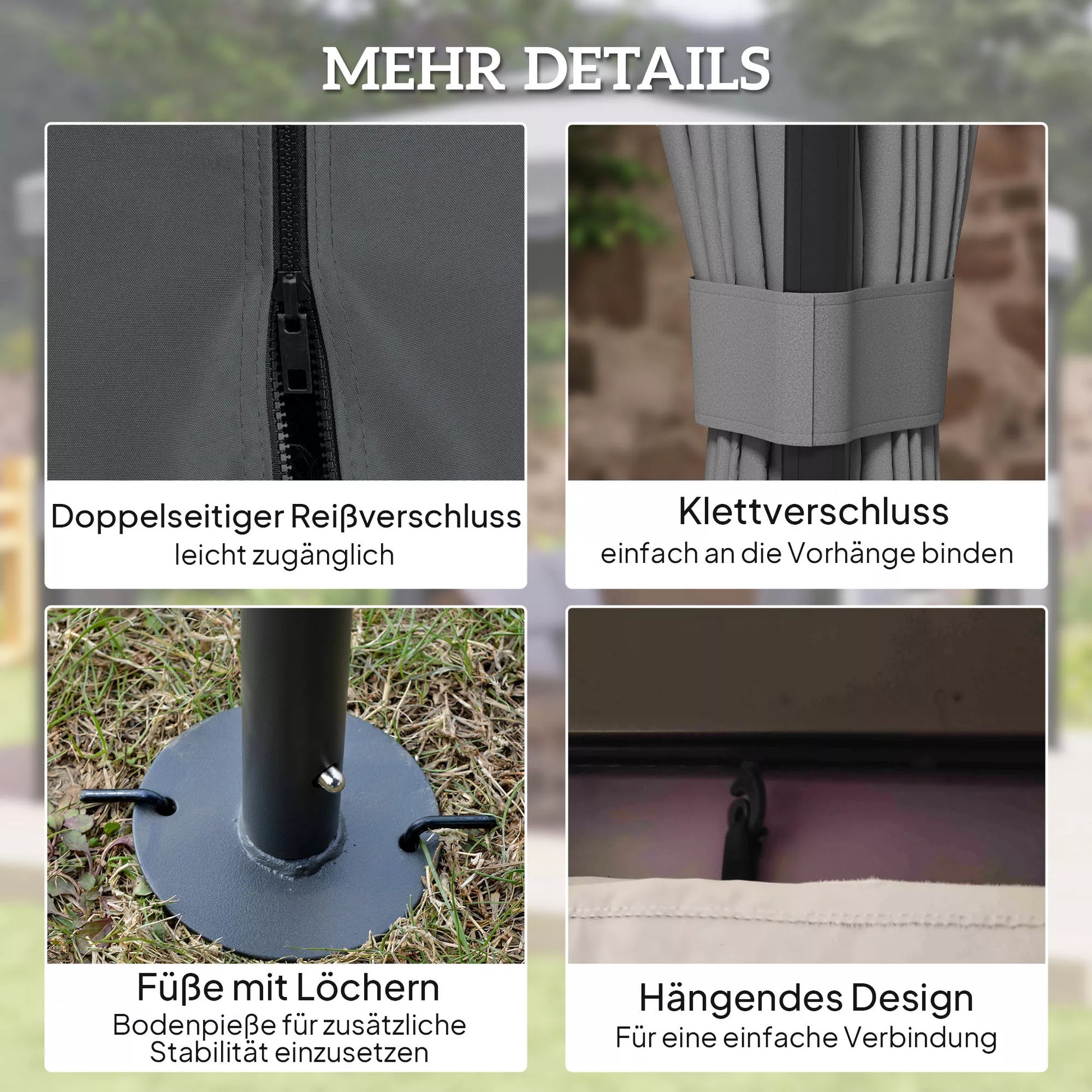 Paviljonas, maždaug 3x3 m, atsparus vandeniui, tvirtas, atsparus žiemai, su dvigubu stogu, užtrauktukais užsegamais moskitų tinklais.