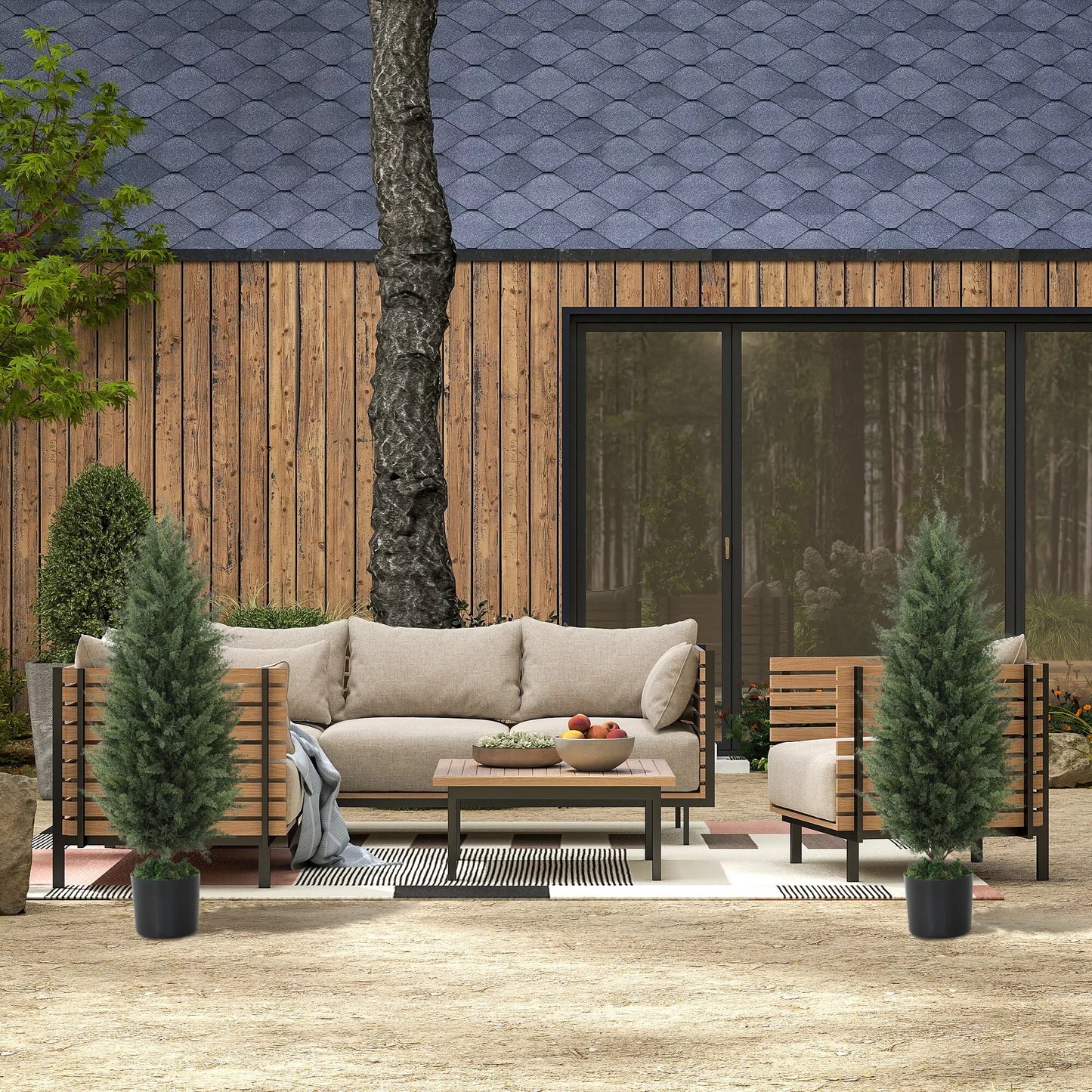 2 vnt. dirbtinių kiparisų rinkinys, dirbtiniai medžiai su 831 lapais, su cementiniu vazonu, atsparūs UV spinduliams, dirbtiniai augalai, 90 cm, žali