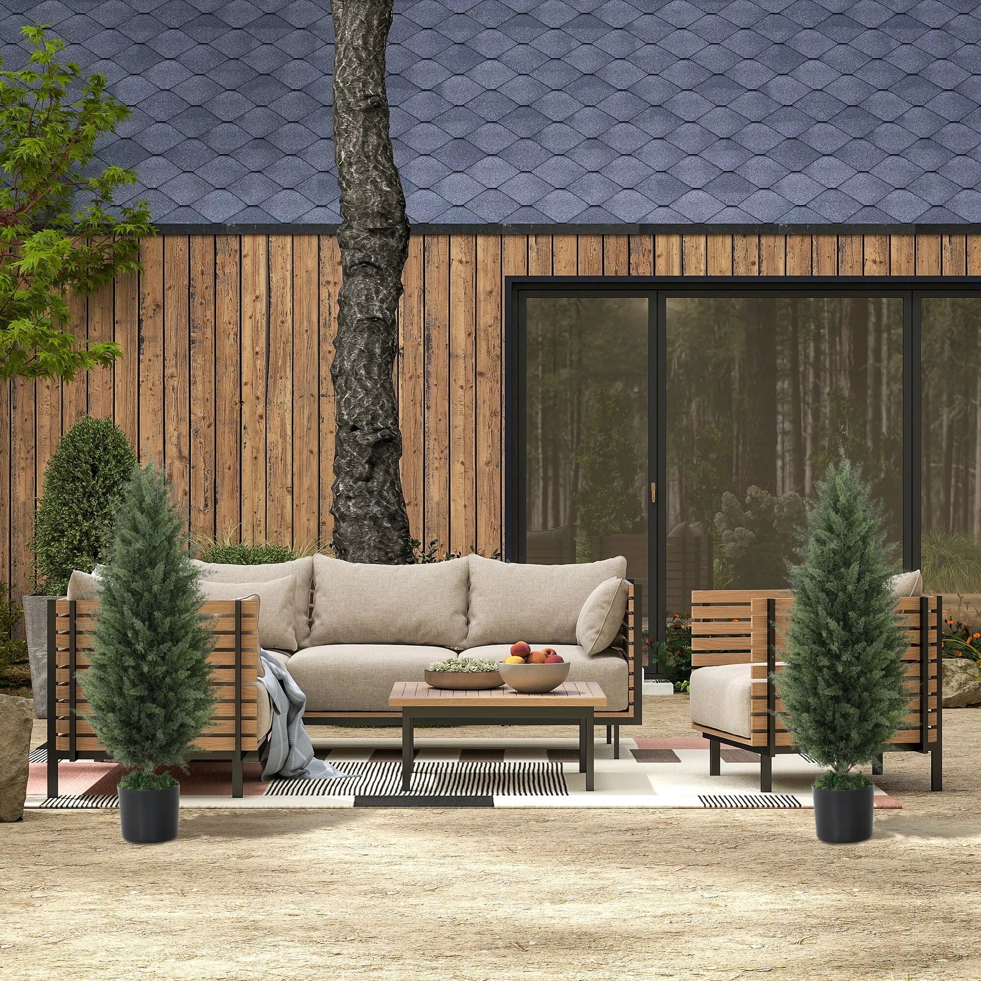 2 vnt. dirbtinių kiparisų rinkinys, dirbtiniai medžiai su 831 lapais, su cementiniu vazonu, atsparūs UV spinduliams, dirbtiniai augalai, 90 cm, žali