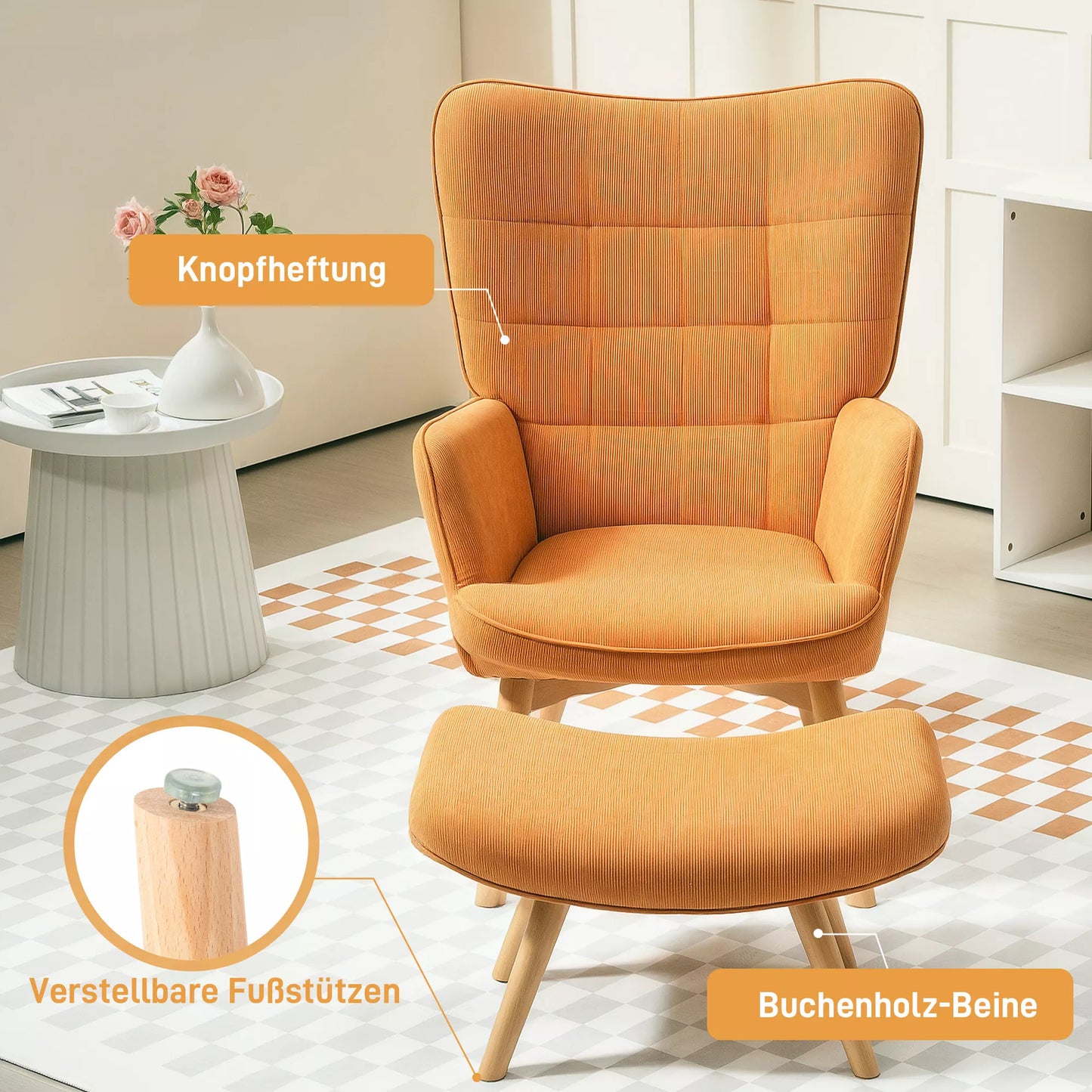 Akcentinis fotelis su taburete, poilsio fotelis su velveto apmušalu, fotelis su medinėmis kojomis, skirtas svetainei, rudos spalvos