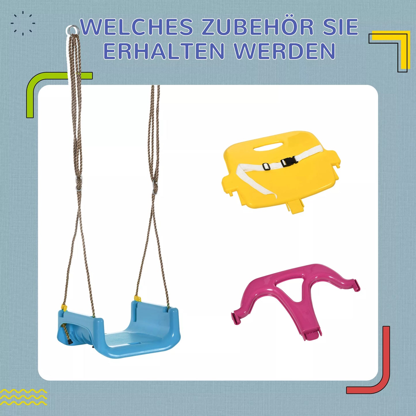 3-in-1 vaikiškos sūpynės, reguliuojamo aukščio, nuimama atlošama dalis, skirtos naudoti patalpose ir lauke, mėlyna+geltona, 42 x 33 x 180 cm