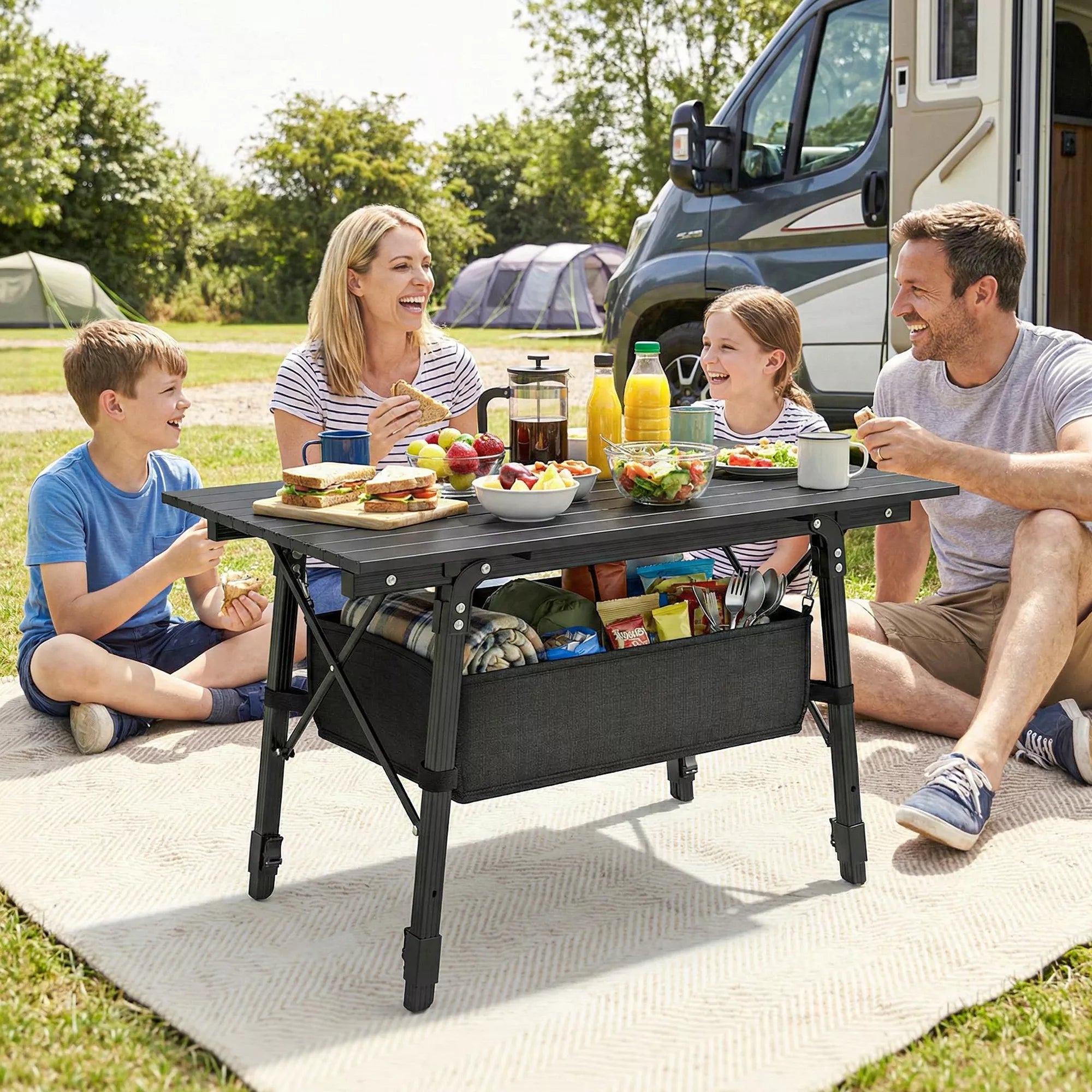 Kempingo stalas su daiktų laikymo krepšiu, reguliuojamo aukščio, sulankstomas, aliuminis, juodos spalvos