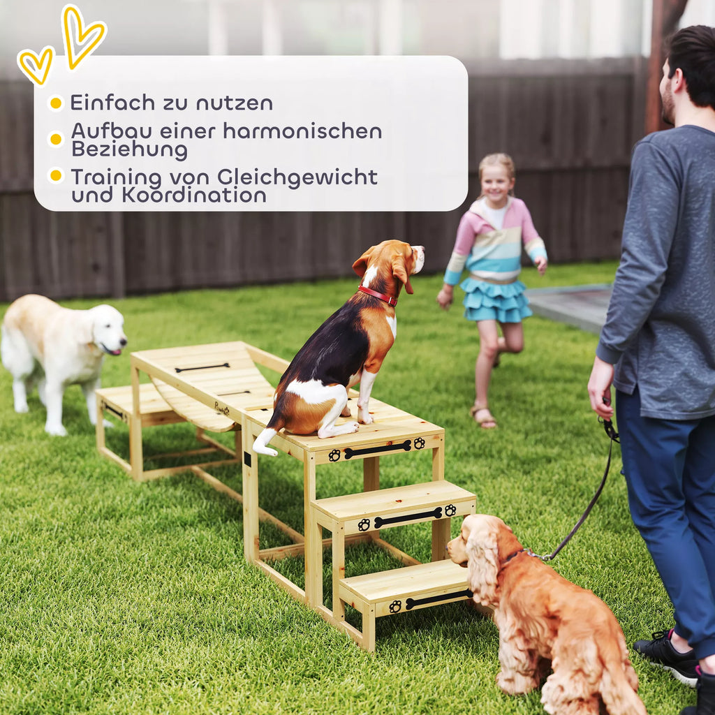 Agility rinkinys šunims, šunų treniruočių konstrukcija su tiltu, laiptais, platforma, pušies mediena, dideliems šunims iki 40 kg