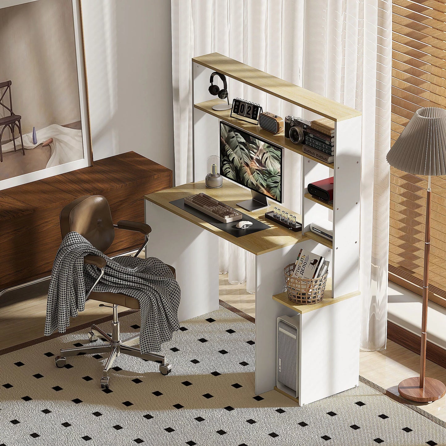 Kompiuterinis stalas, rašomasis stalas su atviromis lentynomis ir laikymo skyreliais, plieninis, šviesiai rudos+baltos spalvos