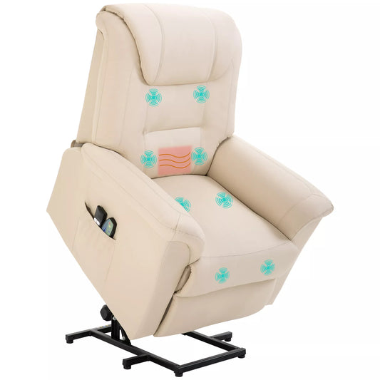 HOMCOM Masažinė kėdė su pagalba atsistojant, 8 vibravimo taškai, šildymo funkcija, pėdų atrama, kreminė