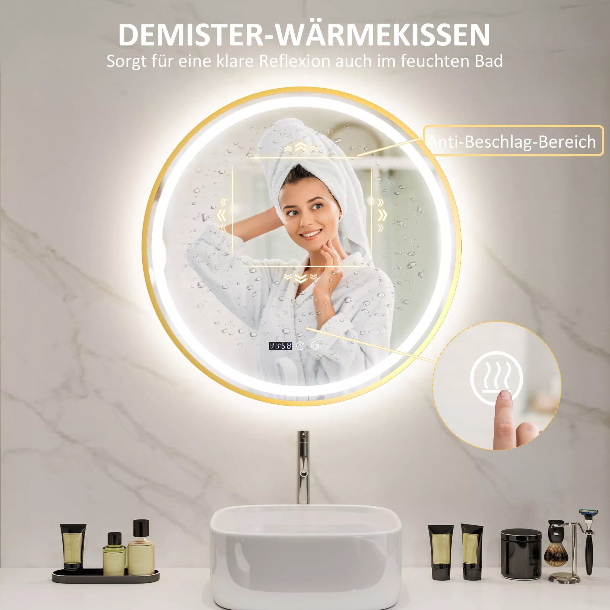 Apvalus vonios veidrodis su LED apšvietimu, vonios veidrodis su apsauga nuo rasojimo, jutiklinis valdymas, ekranas