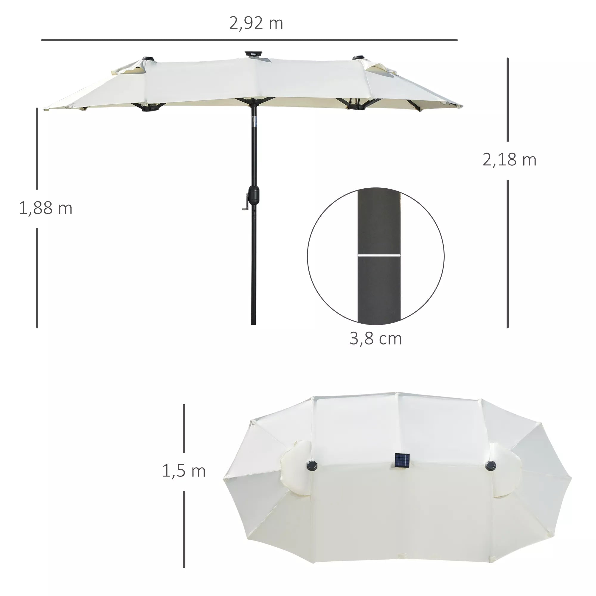 Dvigubas skėtis, terasos skėtis, pakreipiamas, su saulės baterija, 35 LED lemputės, plieninis rėmas, smėlio spalvos, 2,92 x 1,50 x 2,18 m