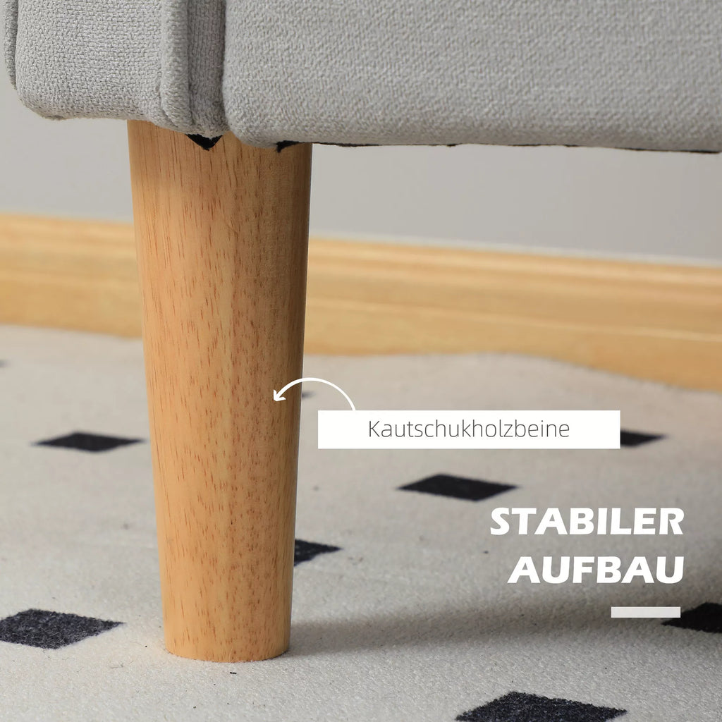 Dvivietė sofa su daiktų laikymo vieta, sagų siuvinėjimu, pagalvėlėmis, kaučiuko medžio mediena, 117x62x78 cm, šviesiai pilka